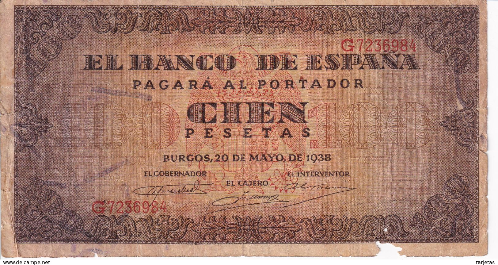 BILLETE DE ESPAÑA DE BURGOS DE 100 PTAS 20/05/1938 SERIE G (BANK NOTE) - 100 Peseten
