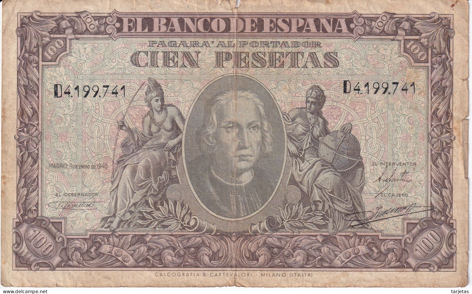 BILLETE DE ESPAÑA DE 100 PTAS DEL 9/01/1940 SERIE D  (BANKNOTE) CRISTOBAL COLON - 100 Pesetas