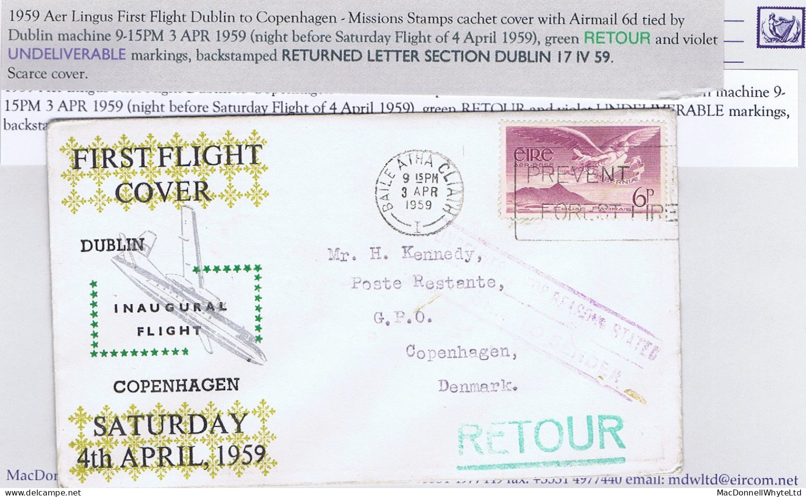 Ireland Airmail 1959 First Flight Dublin To Copenhagen MSE Cachet Cover - Posta Aerea