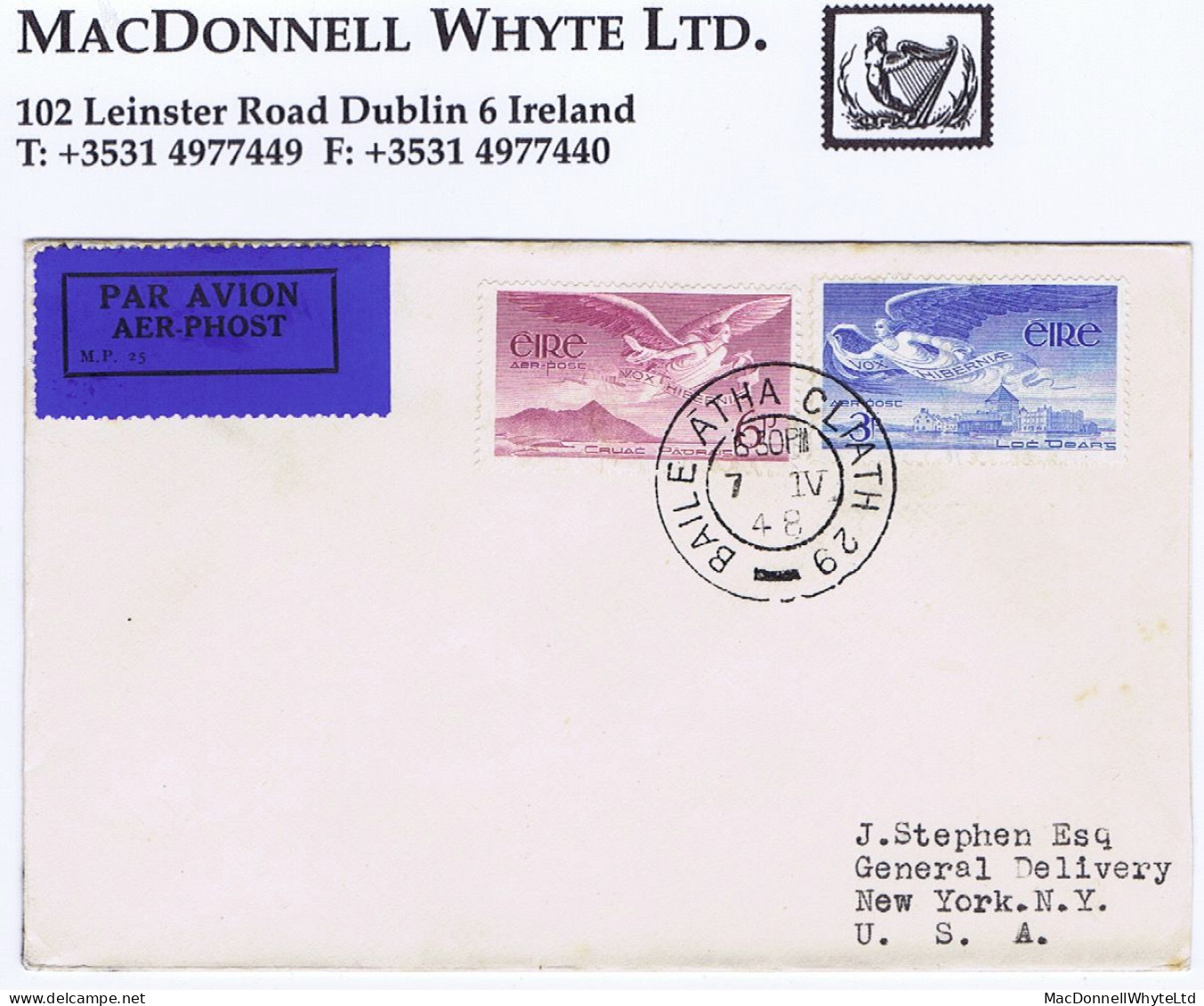Ireland Airmail 1948 Angel Victor 3d And 6d On First Day Cover Dublin 7 IV 48, 3d Wrinkled - Aéreo
