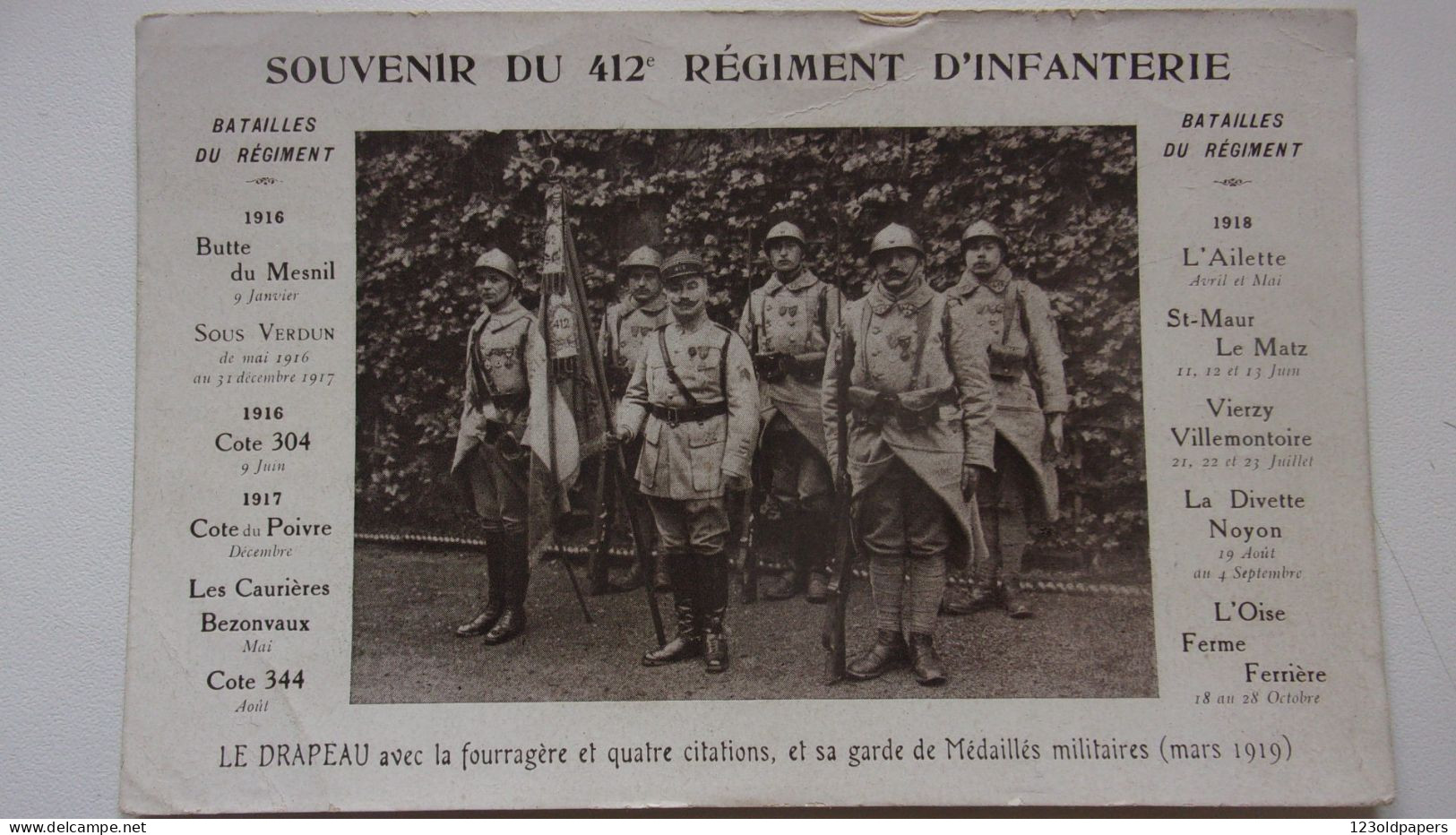 LE 412 EME REGIMENT D' INFANTERIE MILITAIRE GUERRE 14 18 NOYON VIERZY VILLEMONTOIRE  L' AILETTE BEZONVAUX COTE POIVRE.. - War 1914-18