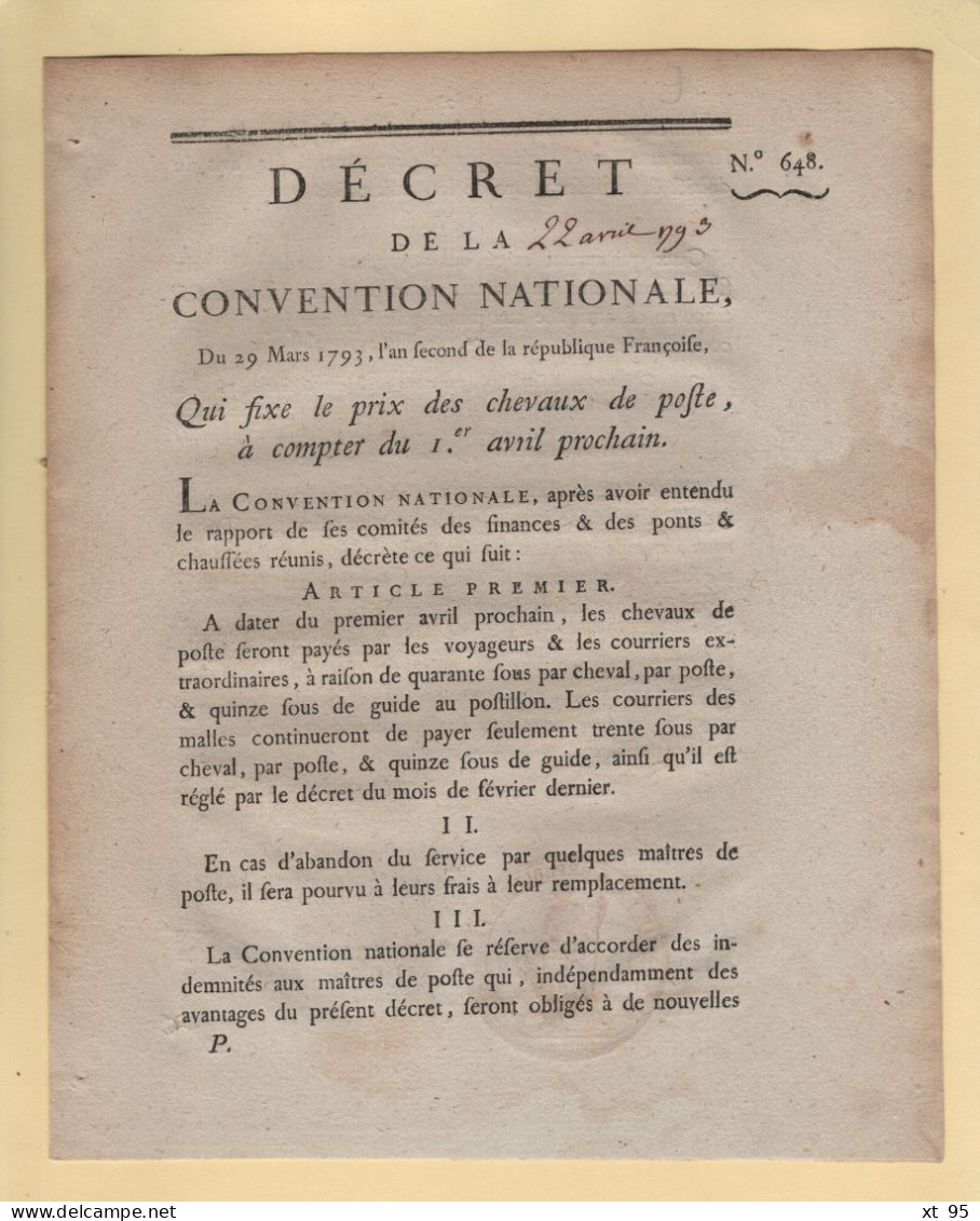 Prix Des Chevaux De Poste - 1793 - Decret De La Convention Nationale N°648 - Avec Sceau Et Signature - 1701-1800: Voorlopers XVIII