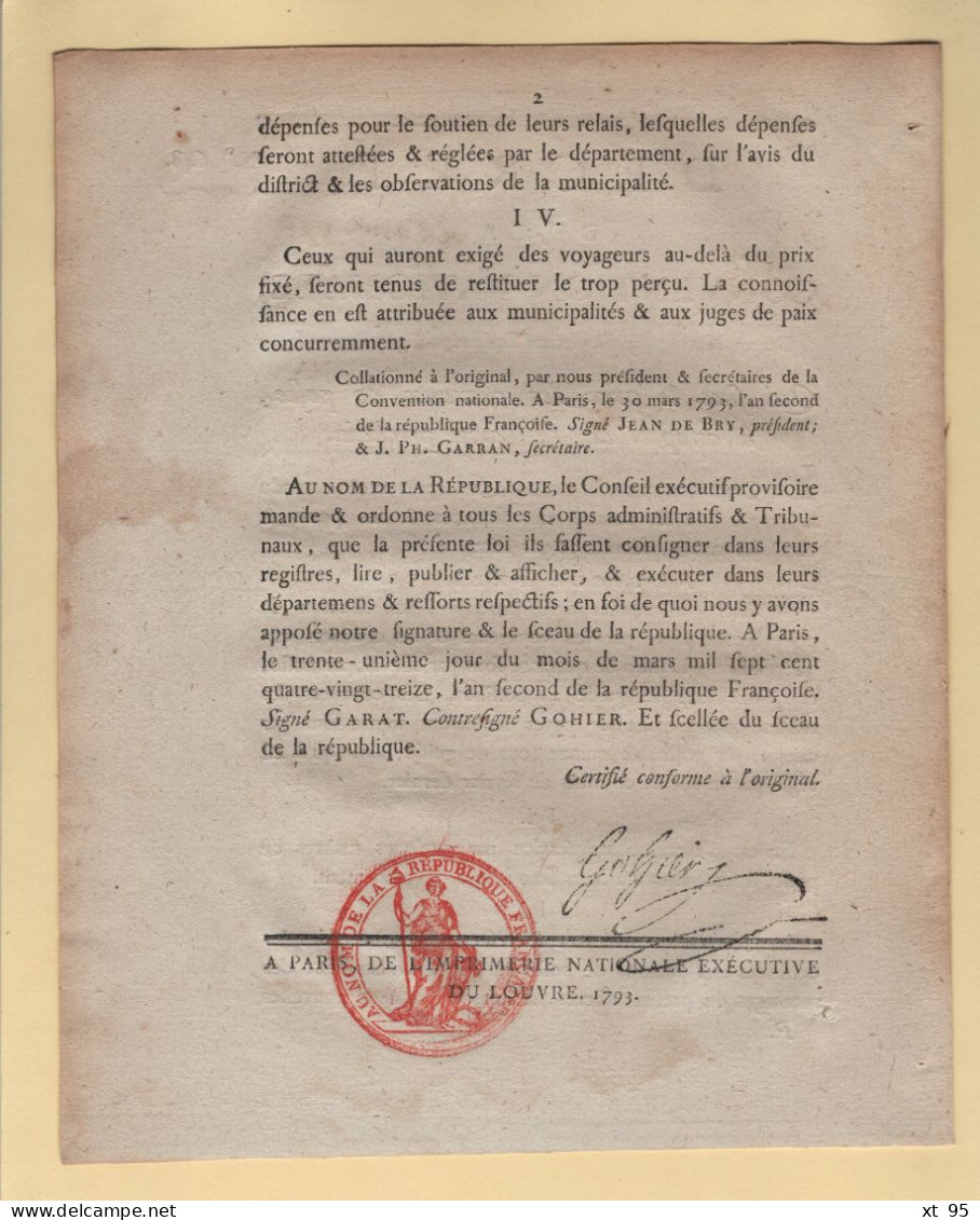 Prix Des Chevaux De Poste - 1793 - Decret De La Convention Nationale N°648 - Avec Sceau Et Signature - 1701-1800: Vorläufer XVIII