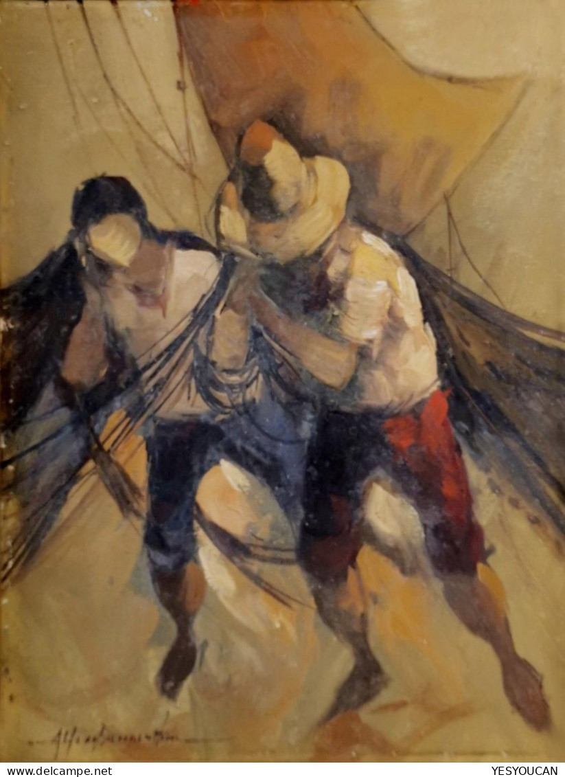 Alfredo Buenaventura (1942-1982) Pêcheurs Aux Philippines Tableau Huile (art Oil Painting Fisher Filipinas - Oils