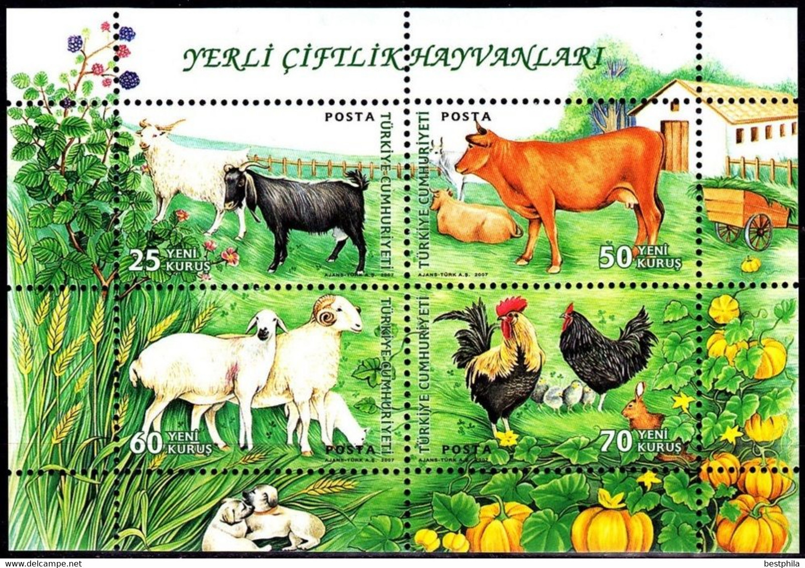 Turkey, Türkei - 2007 - Domestic Farm Animals ( Chicken, Cow, Goat, Lamb) - 1.Mini S/Sheet ** MNH - Unused Stamps