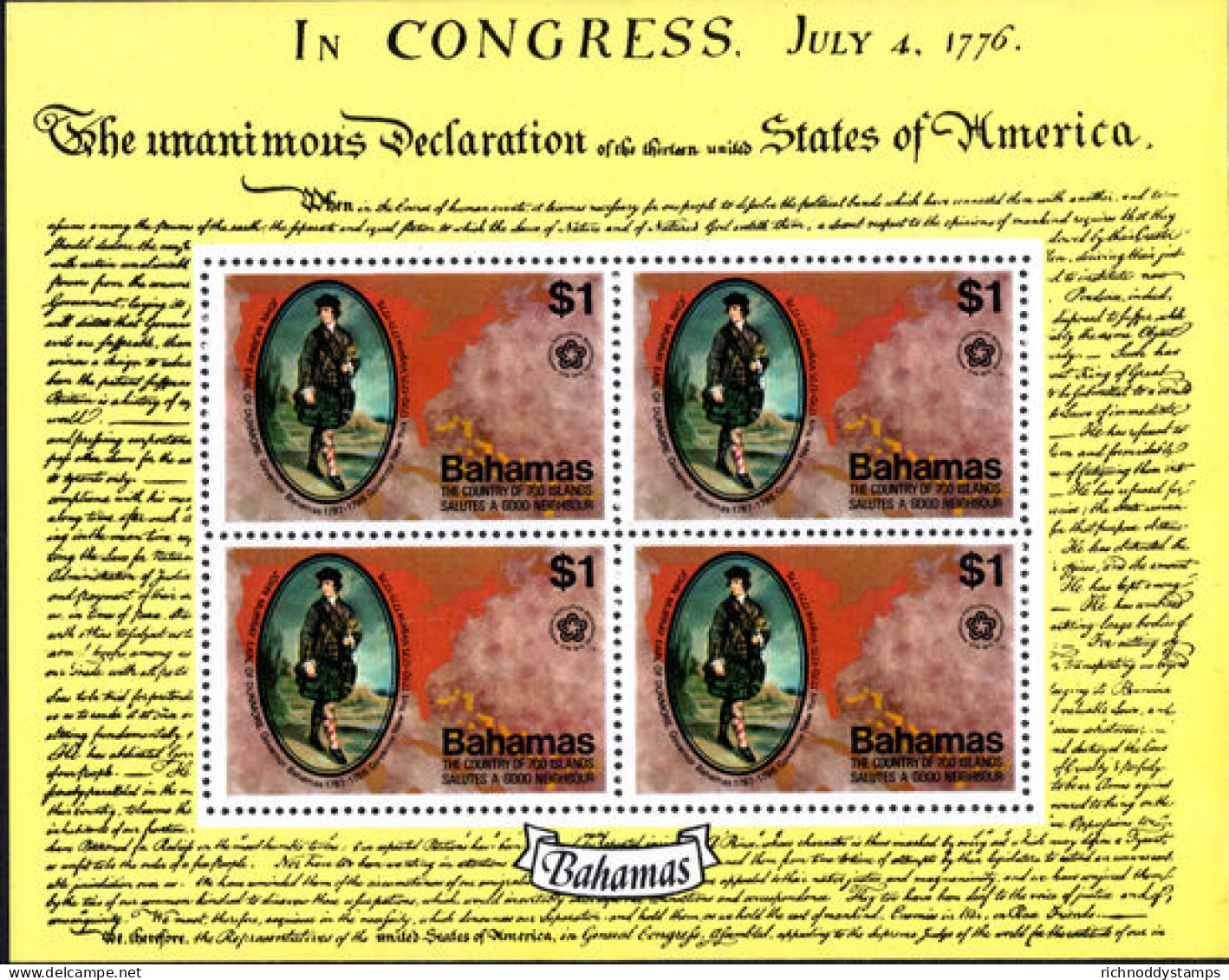 Bahamas 1976 Bicentenary Of American Revolution Souvenir Sheet Unmounted Mint. - 1963-1973 Autonomia Interna