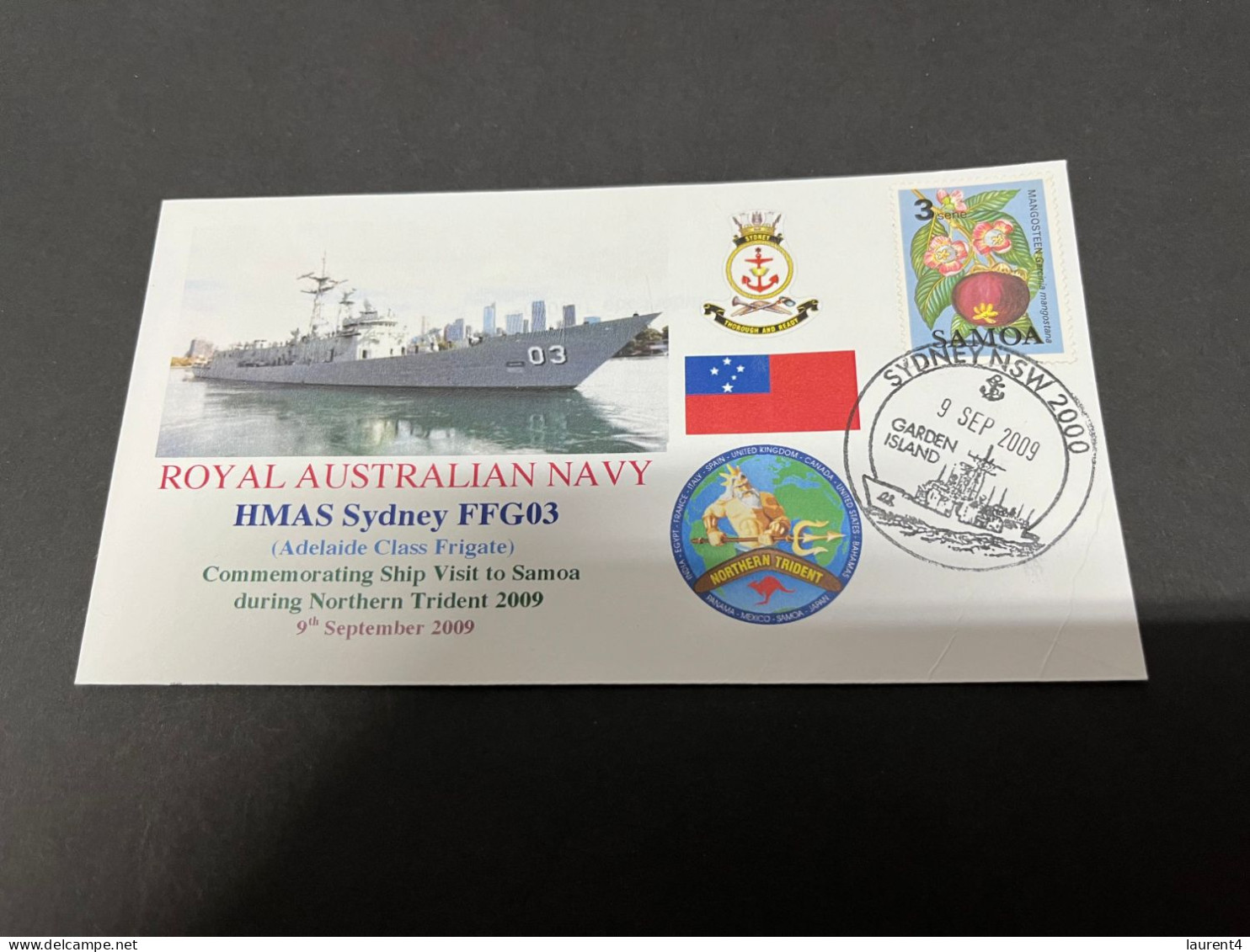 7-7-2023 (1 S 34) Royal Australian Navy Warship - HMAS Sydney FFG 03 (visit To Samoa) With Samoa Flower Stamp - Altri & Non Classificati