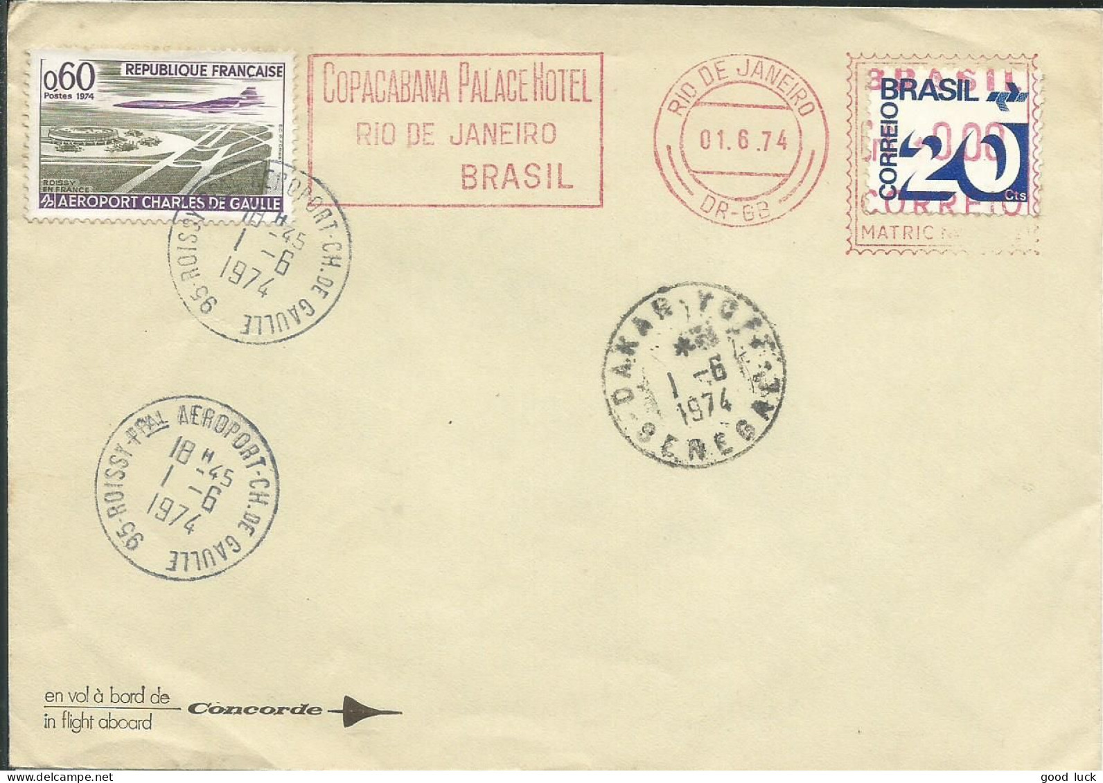 BRESIL 20c DE RIO DE JANEIRO + EMA + 0.60 FRANCE DE ROISSY  SUR VOL CONCORDE DE 1974 LETTRE COVER - Briefe U. Dokumente