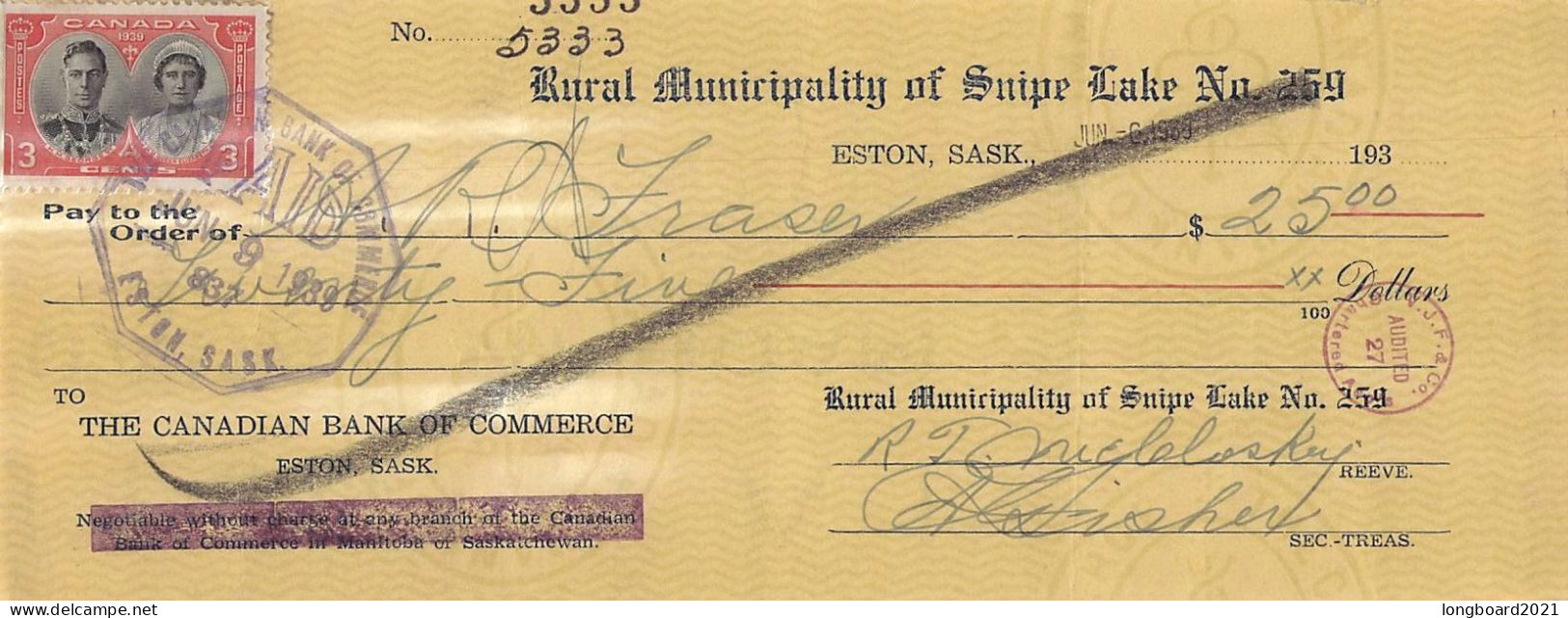 CANADA - CHEQUE 1939 With STAMP 3c  / *416 - Cartas & Documentos