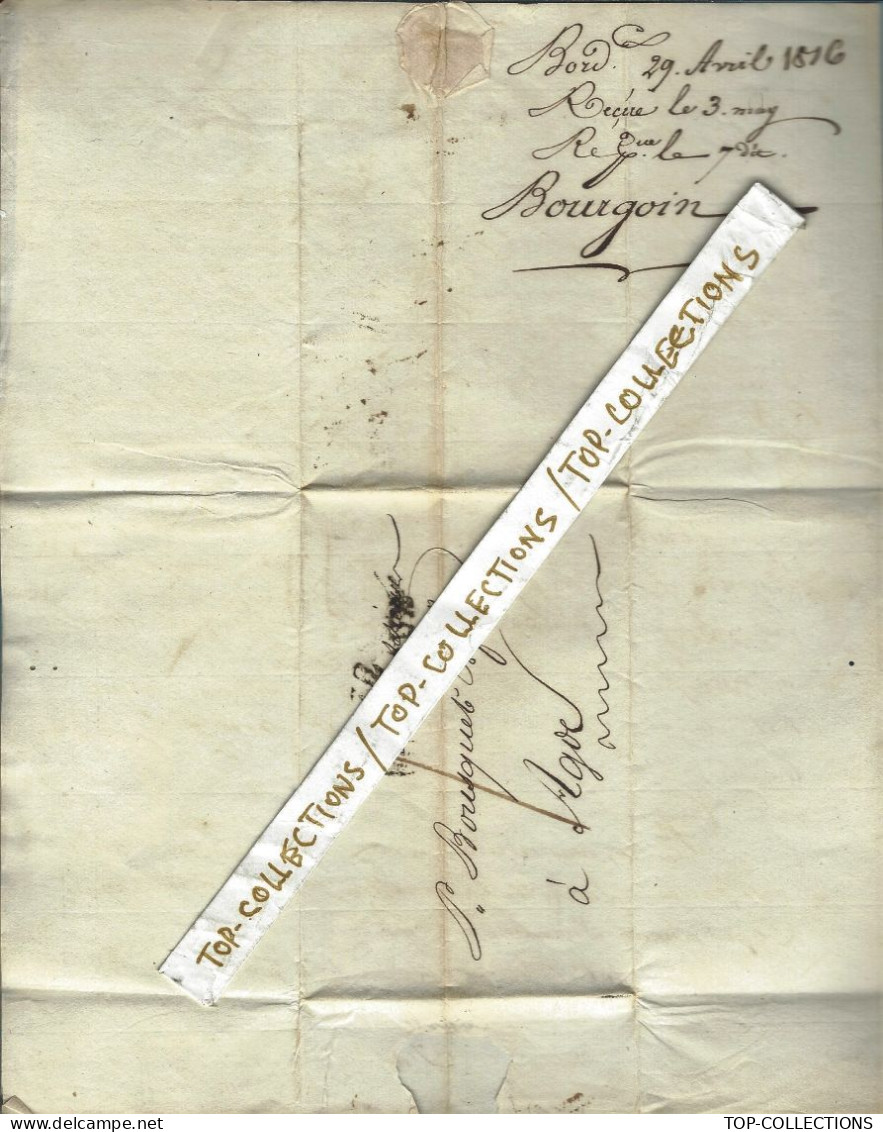 1816 NAVIGATION NAUFRAGE Tartane «  La Belle Christine » BATIMENT MARCHANDISES BORDEAUX Sign. Bourgoin => Bousquet Agde - 1800 – 1899