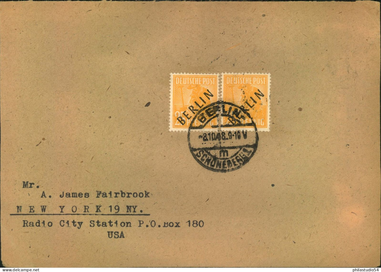 1948, 25 Pf. Schwarzaufdruck Im Waagerechten Paar Auf Auslandsbrief Ab BERLIN-SCHÖNEBERG Nach USA. Geprüft - Storia Postale