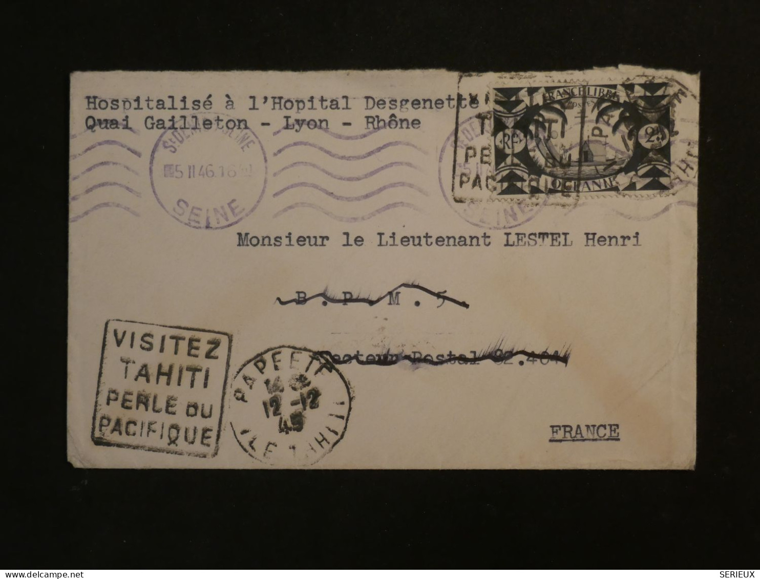 BV7 ET.  OCEANIE BELLE LETTRE CURIOSITé 1946 PAPEETE TAHITI  A LYON +FRANCE LIBRE+  + DAGUIN ++AFF. INTERESSANT++++ - Cartas & Documentos