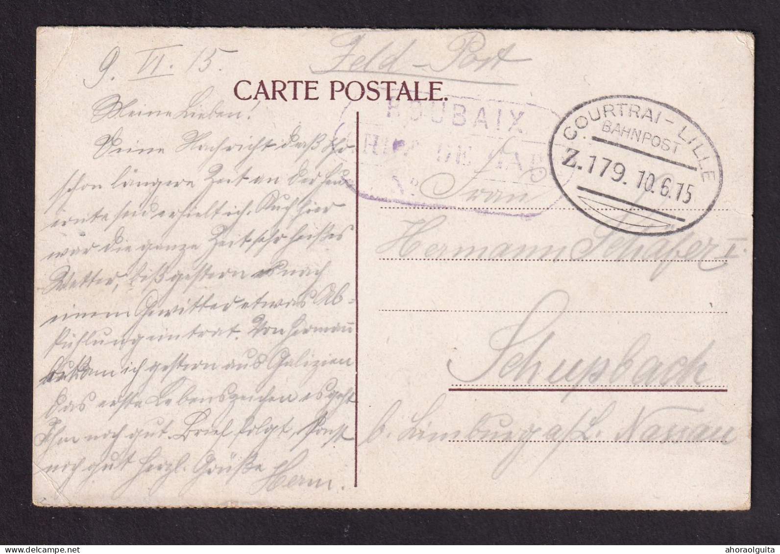 DDEE 611 -- AMBULANTS Ovales - COURTRAI-LILLE Bahnpost 1915 S/ Carte En Feldpost - Cachet ROUBAIX Chef De Gare - Armée Allemande
