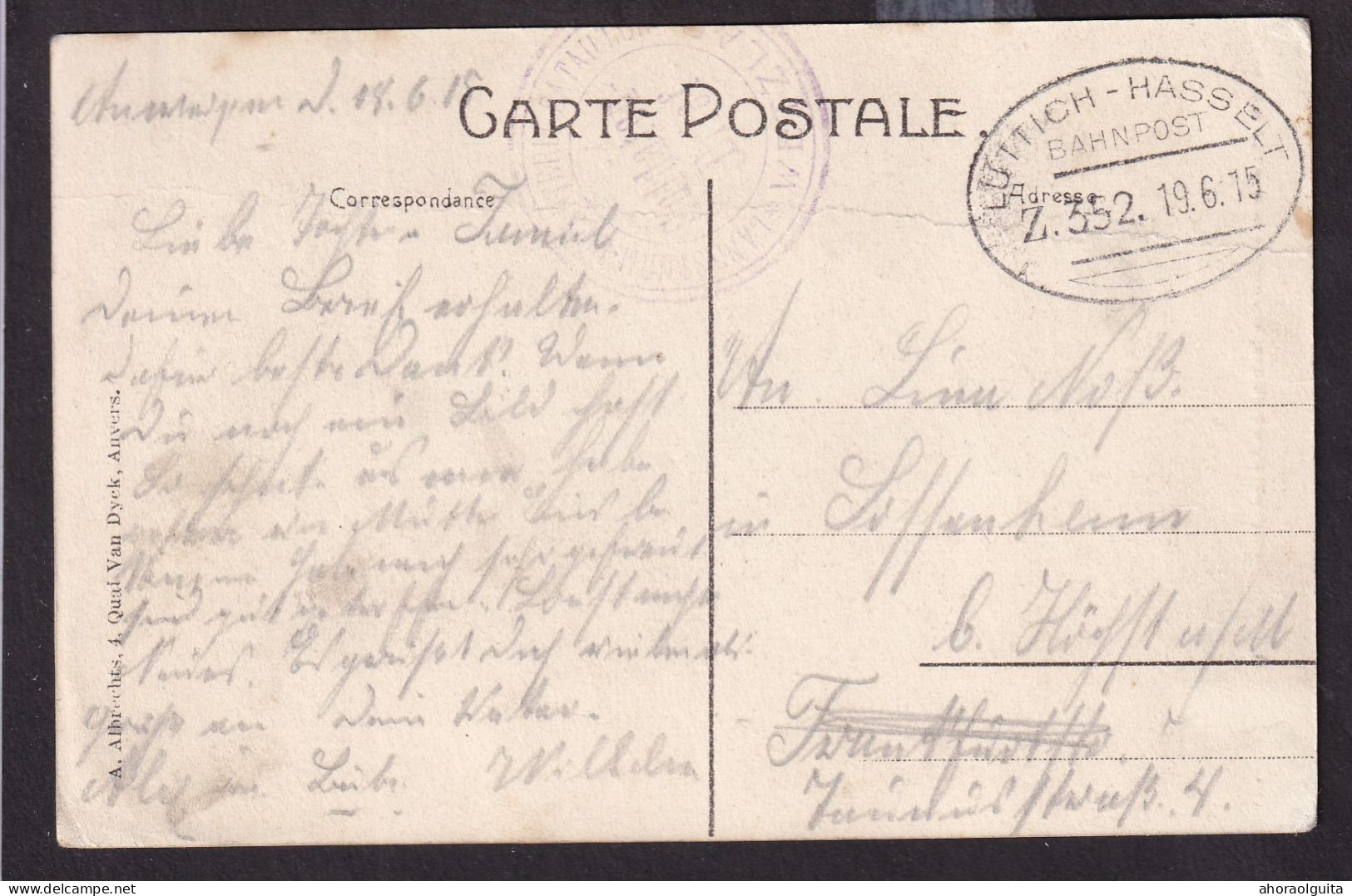 DDEE 612 -- AMBULANTS Ovales - LUTTICH-HASSELT Bahnpost 1915 S/ Carte En Feldpost - Cachet Landsturm WETZLAR - Esercito Tedesco