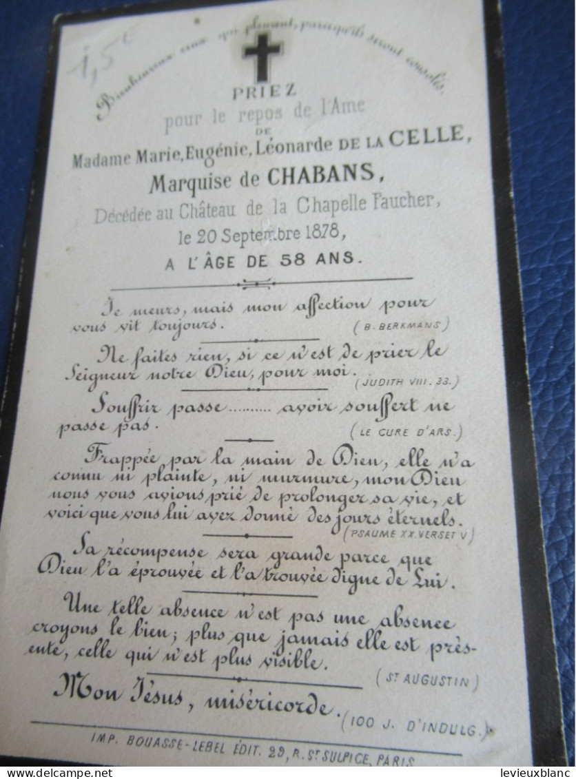 Priez Pour Le Repos De L'Ame/Marie Eugénie Léonarde De La CELLE/Marquise De CHABANS/Chapelle FAUCHER/1878         FPD129 - Obituary Notices