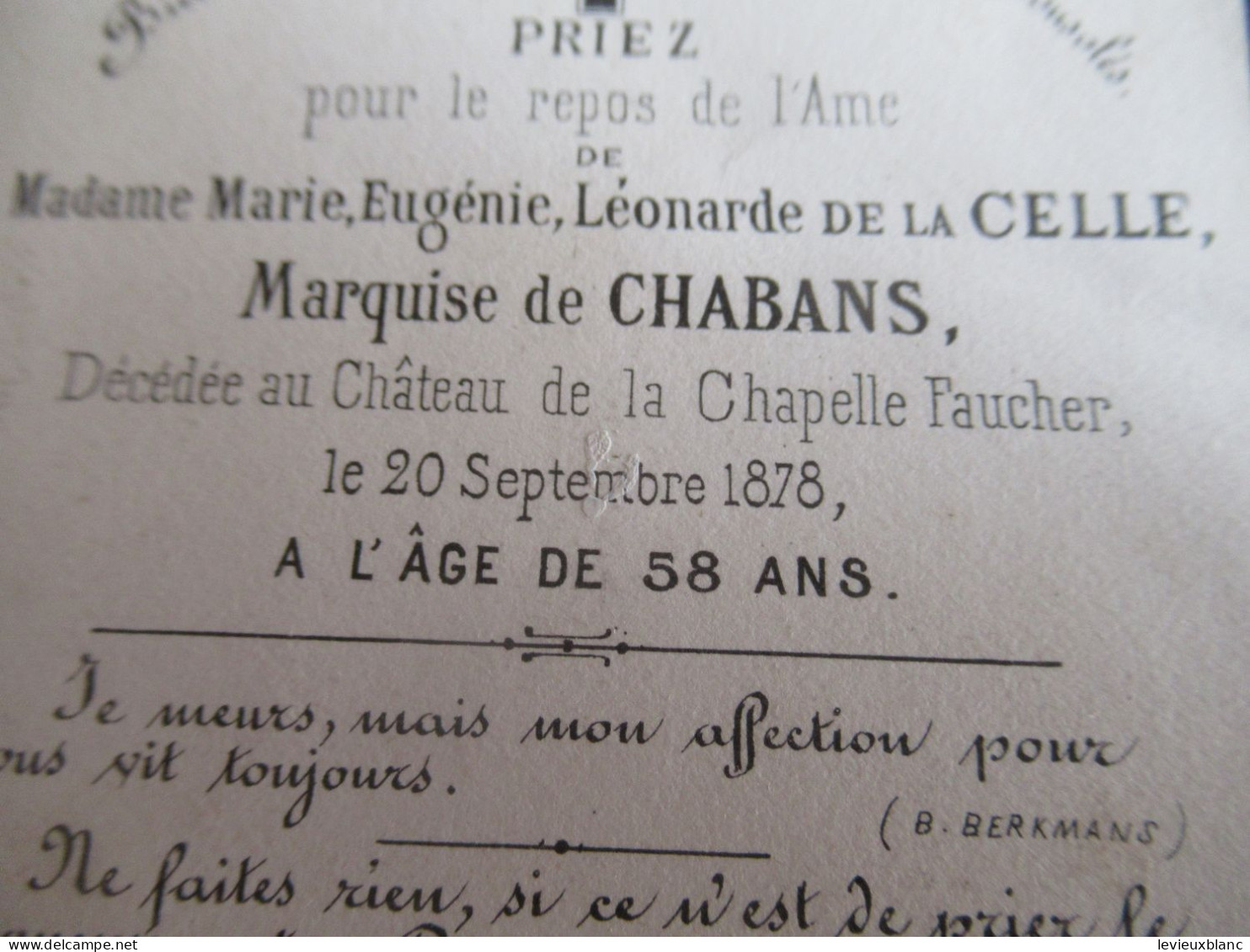 Priez Pour Le Repos De L'Ame/Marie Eugénie Léonarde De La CELLE/Marquise De CHABANS/Chapelle FAUCHER/1878         FPD129 - Obituary Notices