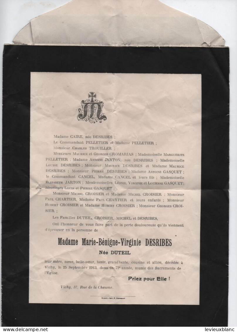 Priez Pour Elle ! /Madame Marie-Bénigne-Virginie DESRIBES Née DUTEIL/ Décédée à VICHY à 73 Ans Le 25 Sept 1913    FPD131 - Obituary Notices