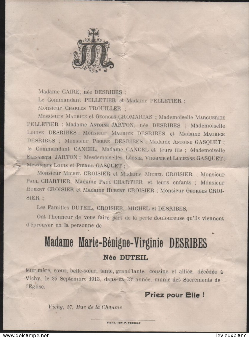 Priez Pour Elle ! /Madame Marie-Bénigne-Virginie DESRIBES Née DUTEIL/ Décédée à VICHY à 73 Ans Le 25 Sept 1913    FPD131 - Todesanzeige