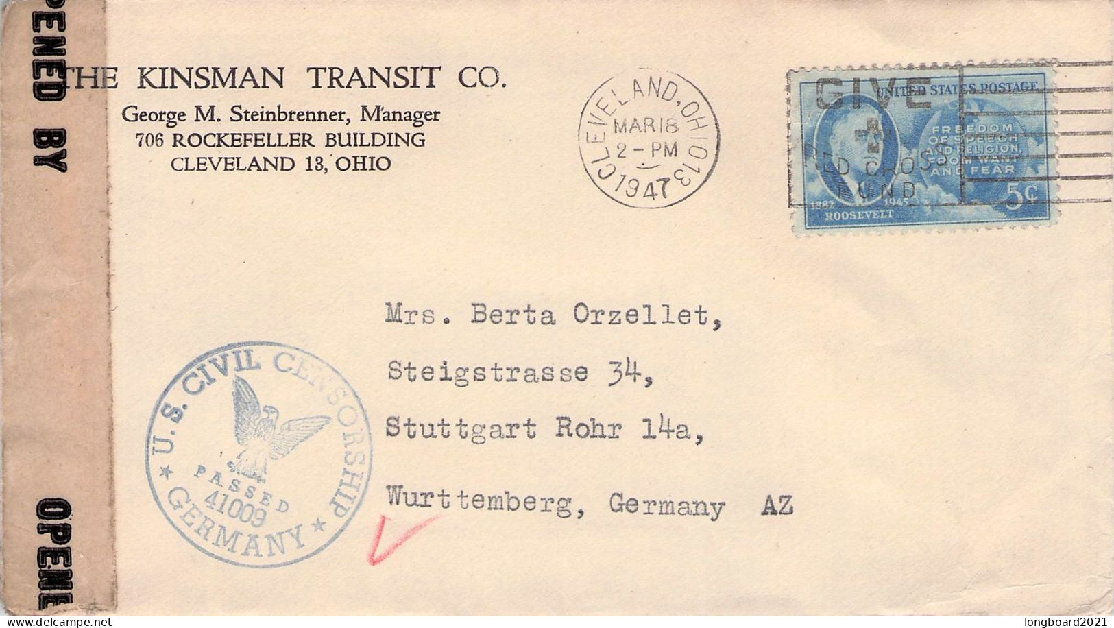 USA - MAIL 1947 CLEVELAND > STUTTGART/DE / *435 - Briefe U. Dokumente