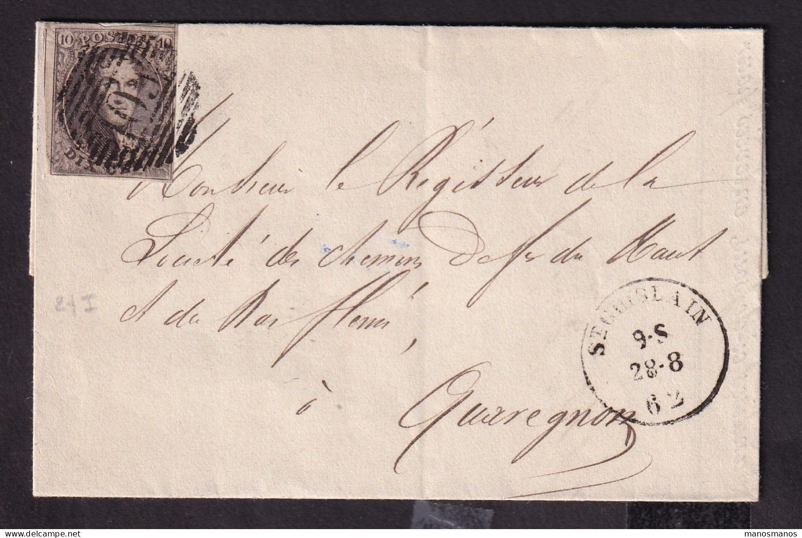 629/39 -- CHEMINS DE FER Du FLENU - Lettre TP Médaillon 10 C Barres 105 ST GHISLAIN 1862 Vers Le Régisseur à QUAREGNON - Other & Unclassified