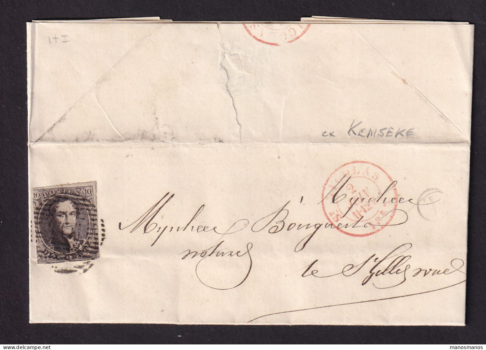 628/39 -- Lettre TP Médaillon 10 C Barres ST NICOLAS 1857 Vers ST GILLIS WAES - Boite Rurale T De KEMSEKE - Rural Post