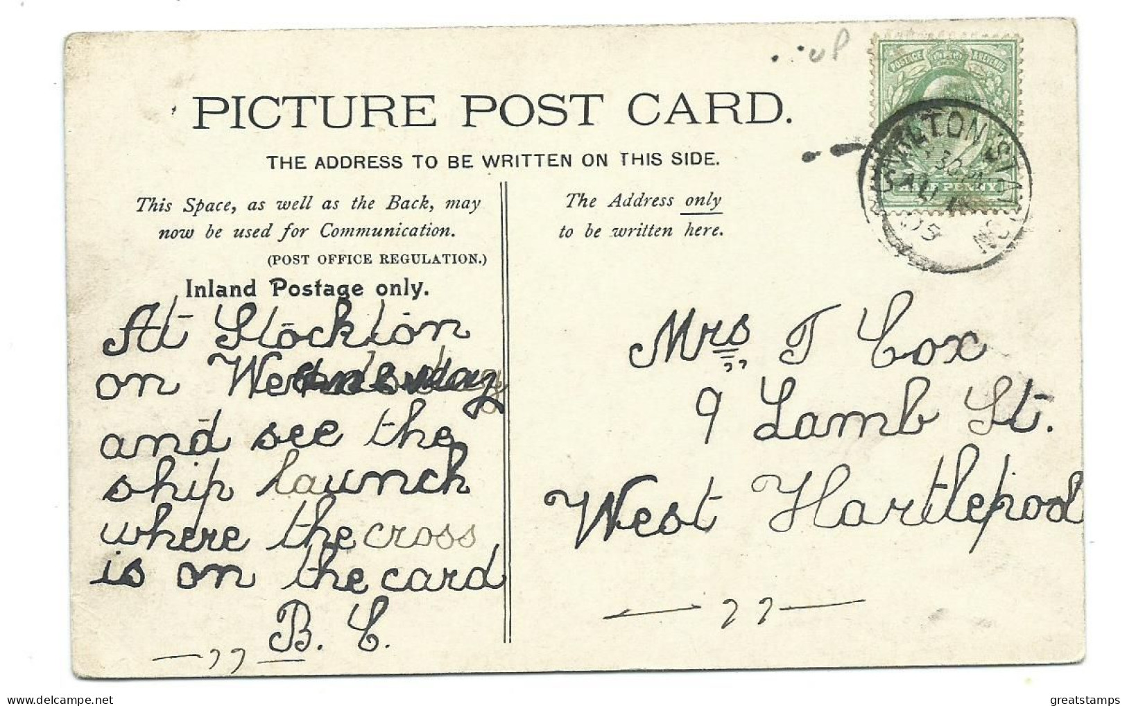 County Durham   Postcard  Stockton On Tees Stockton Station Railway Cancel. Posted 1905 - Stockton-on-tees