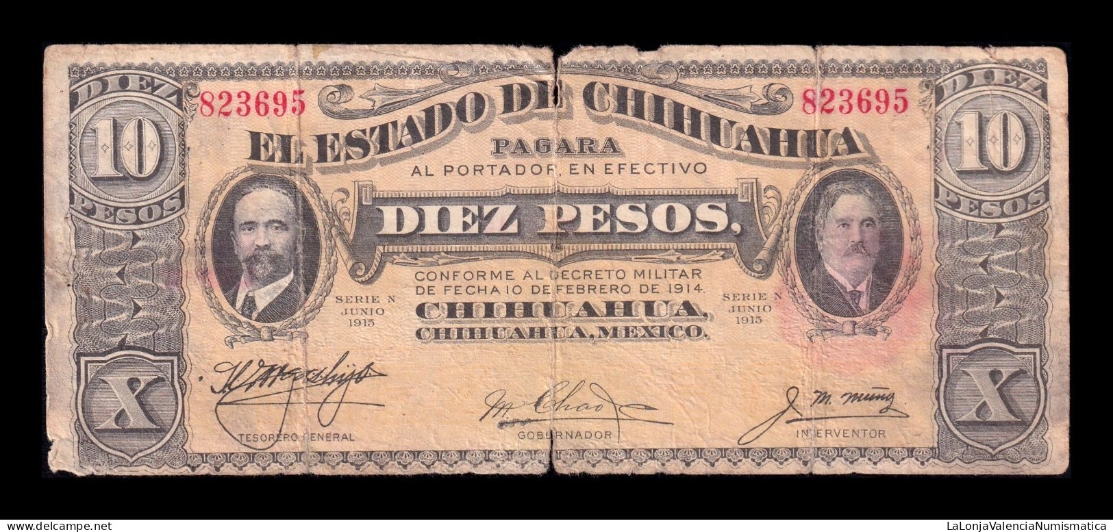 México 10 Pesos 1914 Pick S535b Serie N Bc- G - Mexique