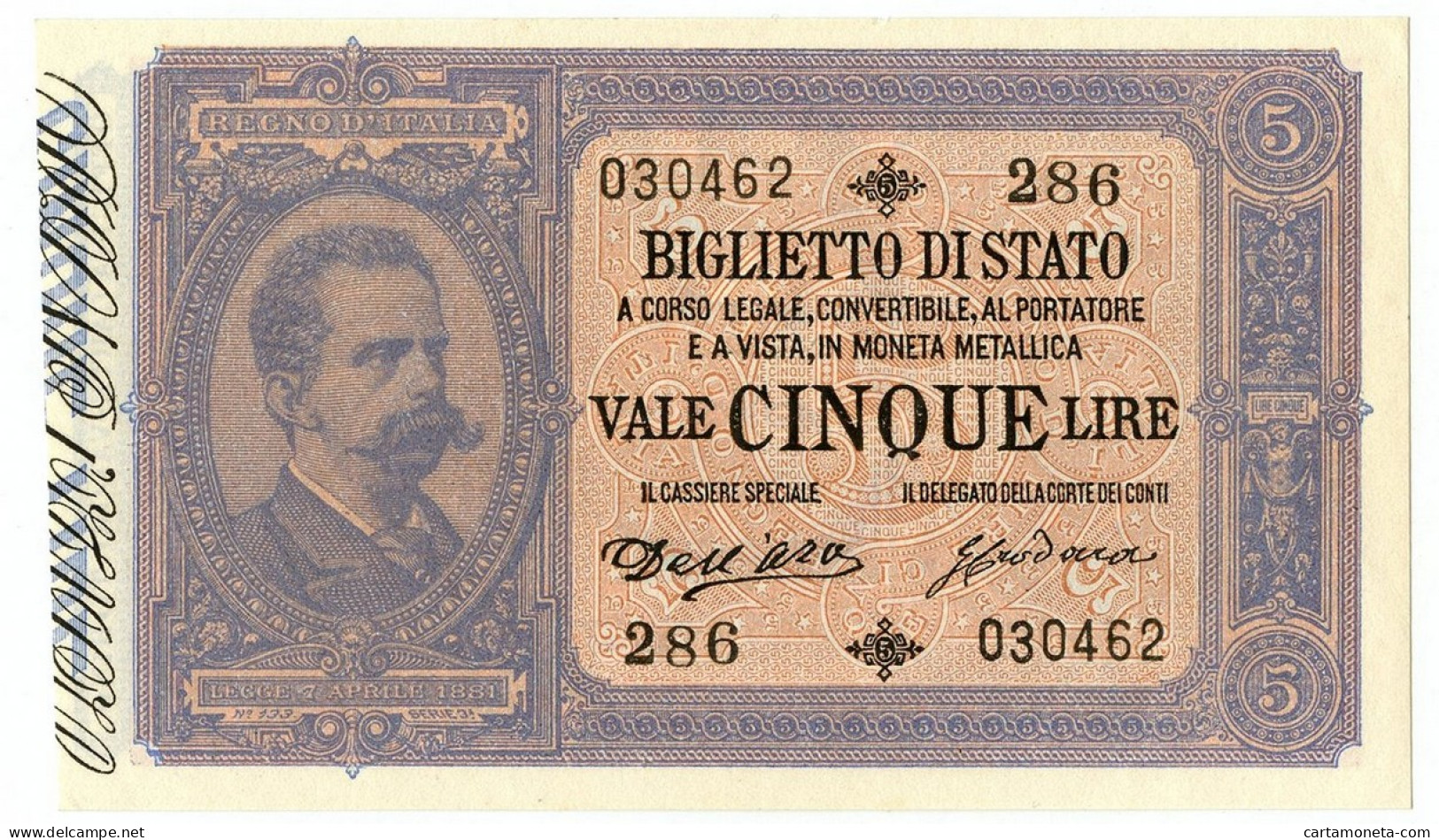 5 LIRE BIGLIETTO DI STATO EFFIGE UMBERTO I 01/03/1883 QFDS - Sonstige