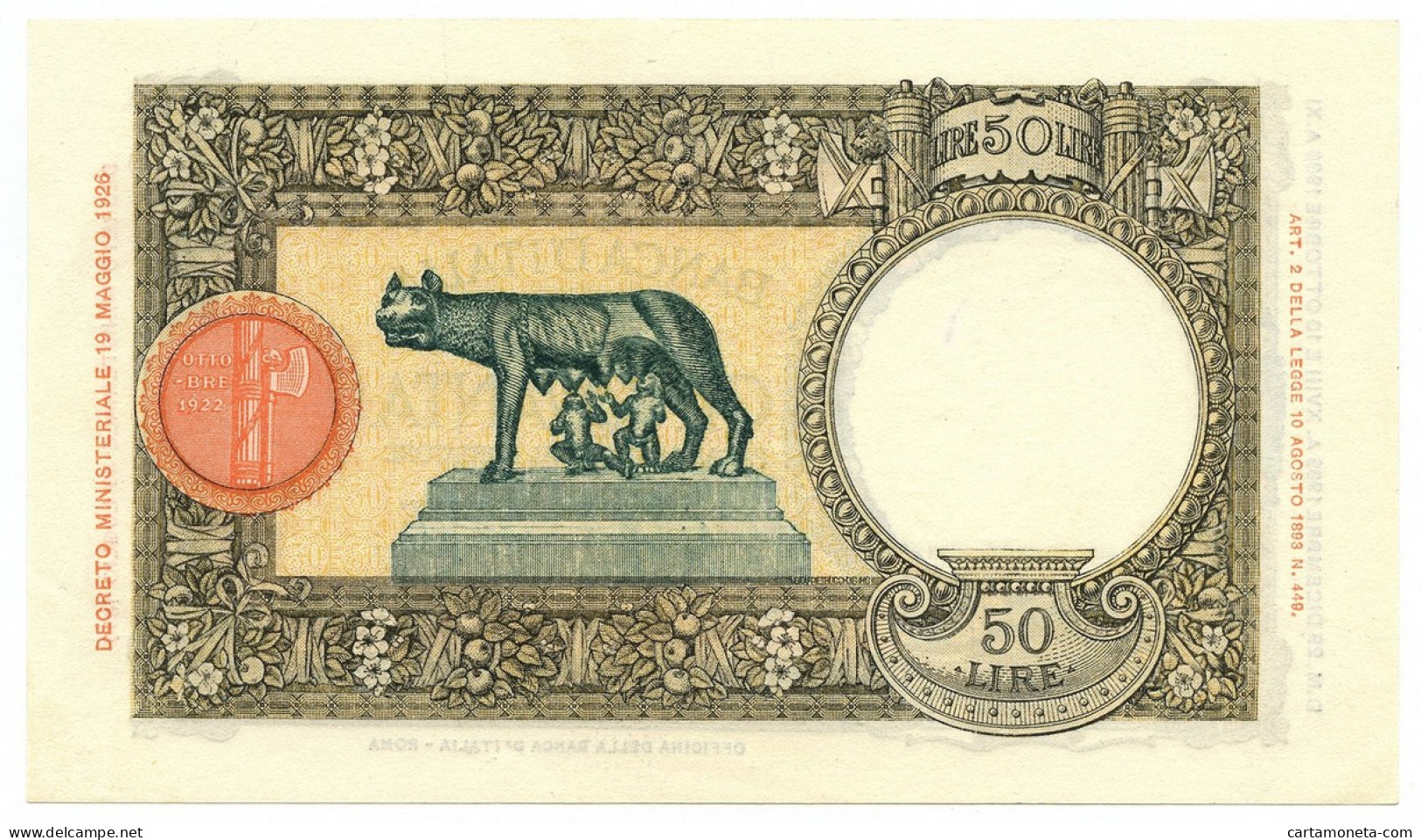 50 LIRE CAPRANESI LUPA CAPITOLINA MARGINE LARGO FASCIO ROMA 29/12/1939 SUP+ - Regno D'Italia – Autres