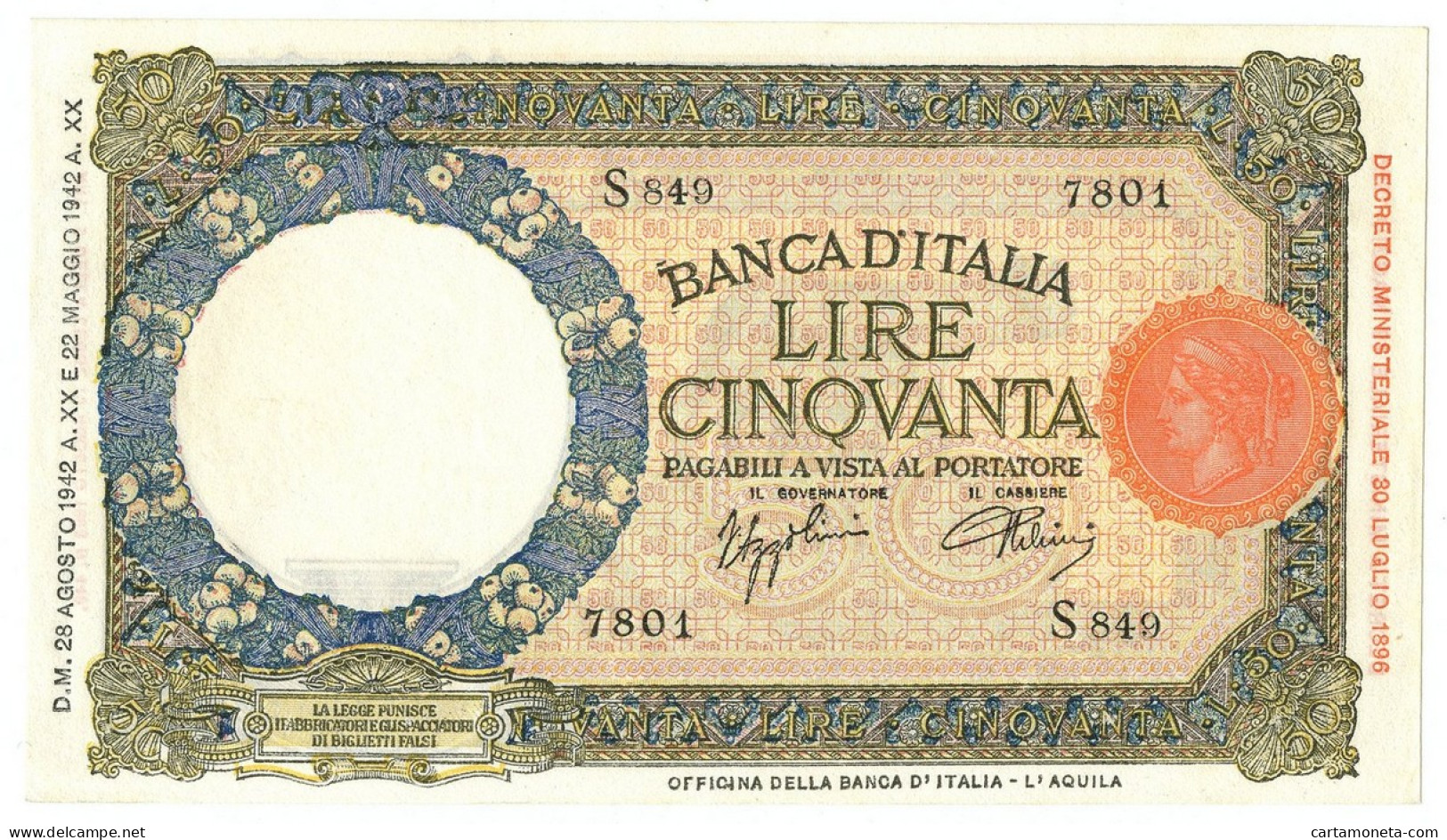 50 LIRE CAPRANESI LUPA CAPITOLINA M. STRETTO FASCIO L'AQUILA 28/08/1942 SUP+ - Sonstige