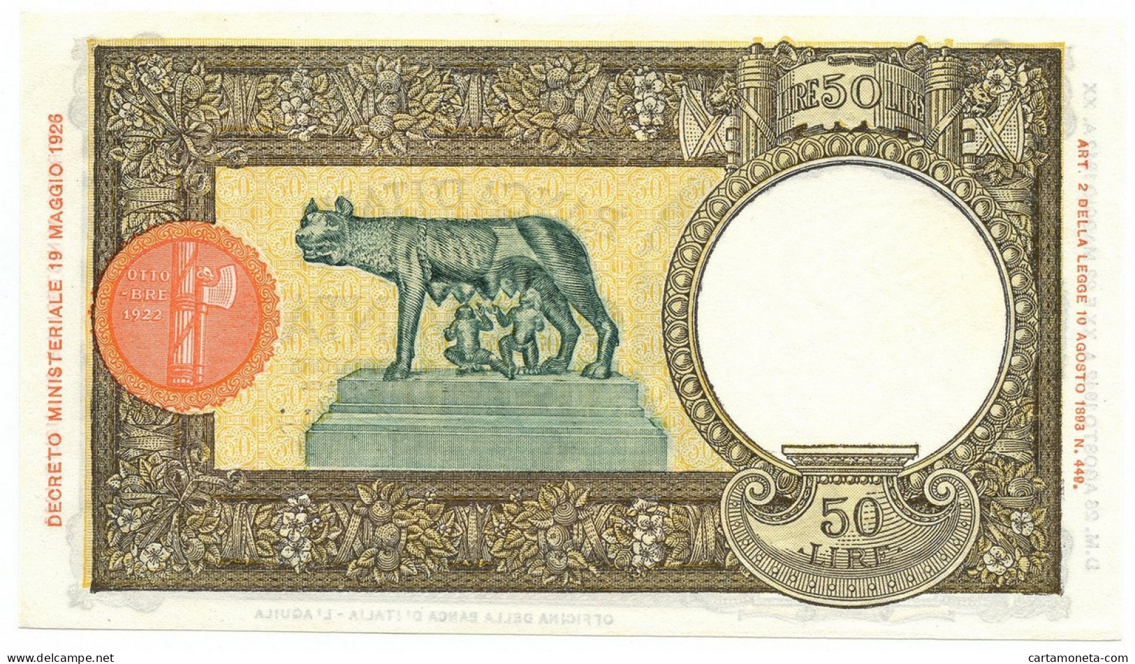 50 LIRE CAPRANESI LUPA CAPITOLINA M. STRETTO FASCIO L'AQUILA 28/08/1942 SUP+ - Sonstige