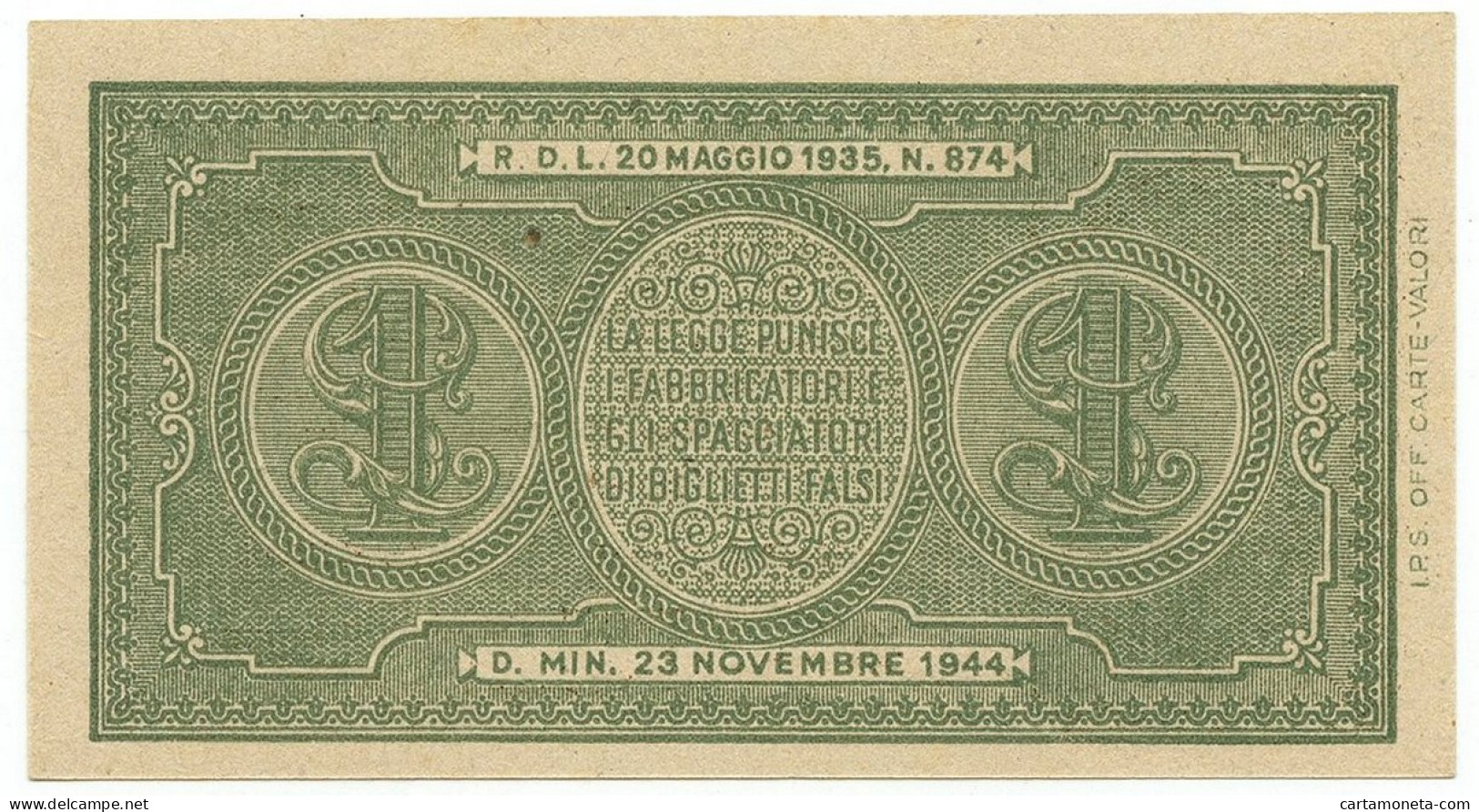 1 LIRA BIGLIETTO STATO LUOGOTENENZA VENTURA PRIMA SERIE 001 23/11/1944 FDS-/FDS - Sonstige