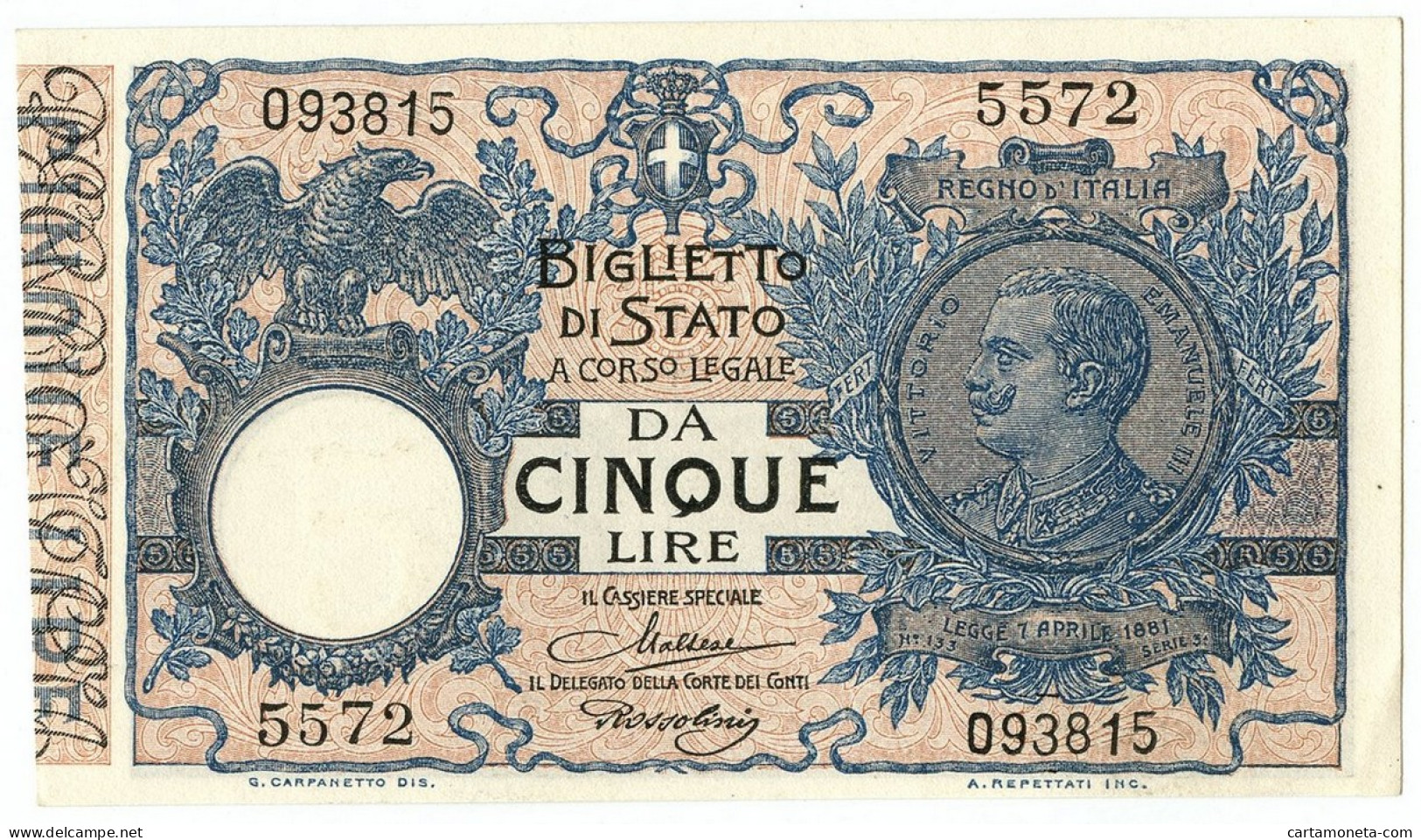 5 LIRE BIGLIETTO DI STATO VITTORIO EMANUELE III FLOREALE 24/02/1922 QFDS - Otros