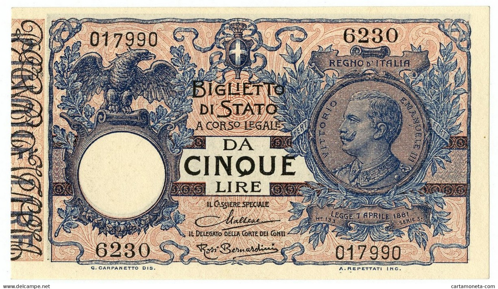 5 LIRE BIGLIETTO DI STATO VITTORIO EMANUELE III FLOREALE 10/07/1924 QFDS - Andere