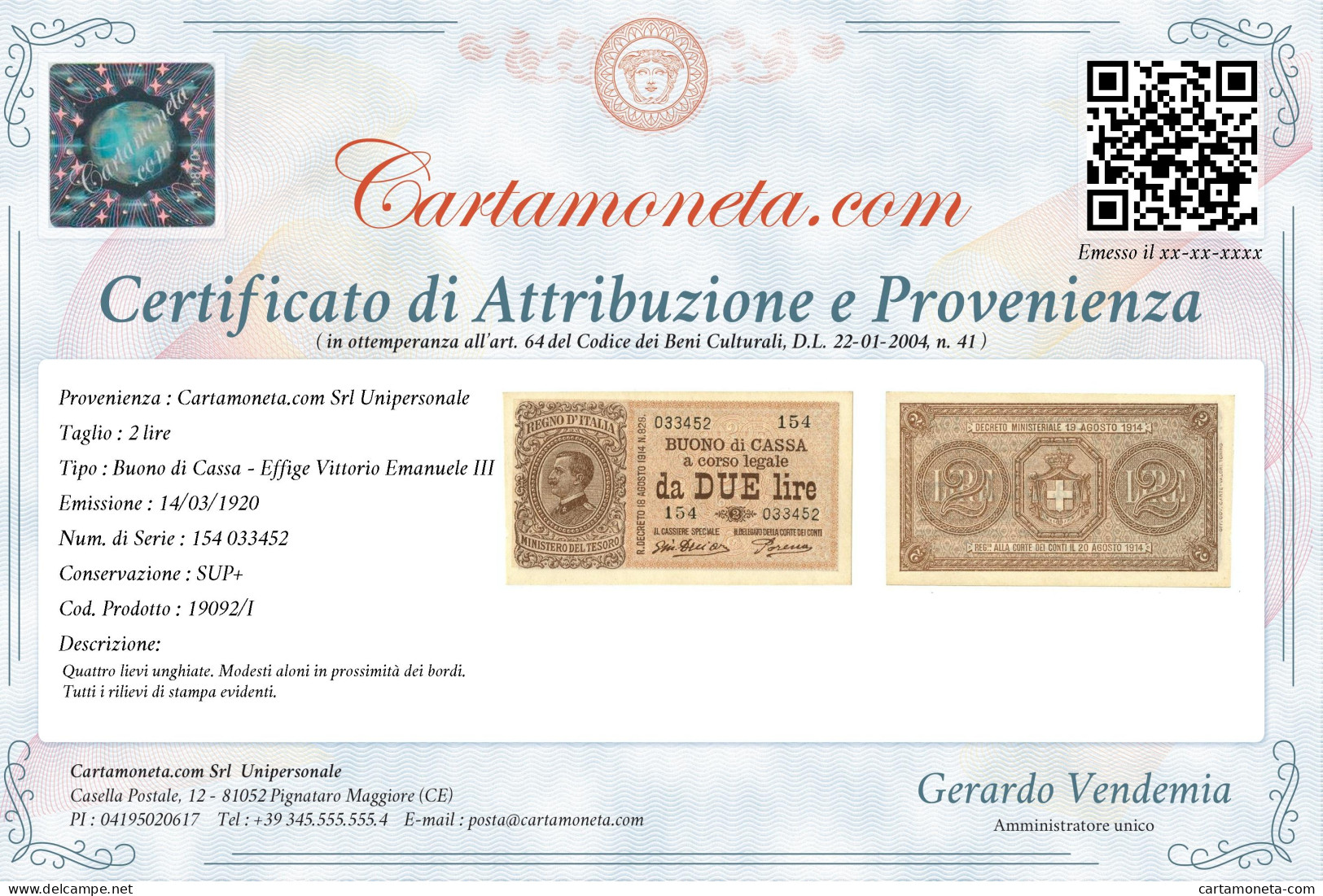 2 LIRE BUONO DI CASSA EFFIGE VITTORIO EMANUELE III 14/03/1920 SUP+ - Sonstige