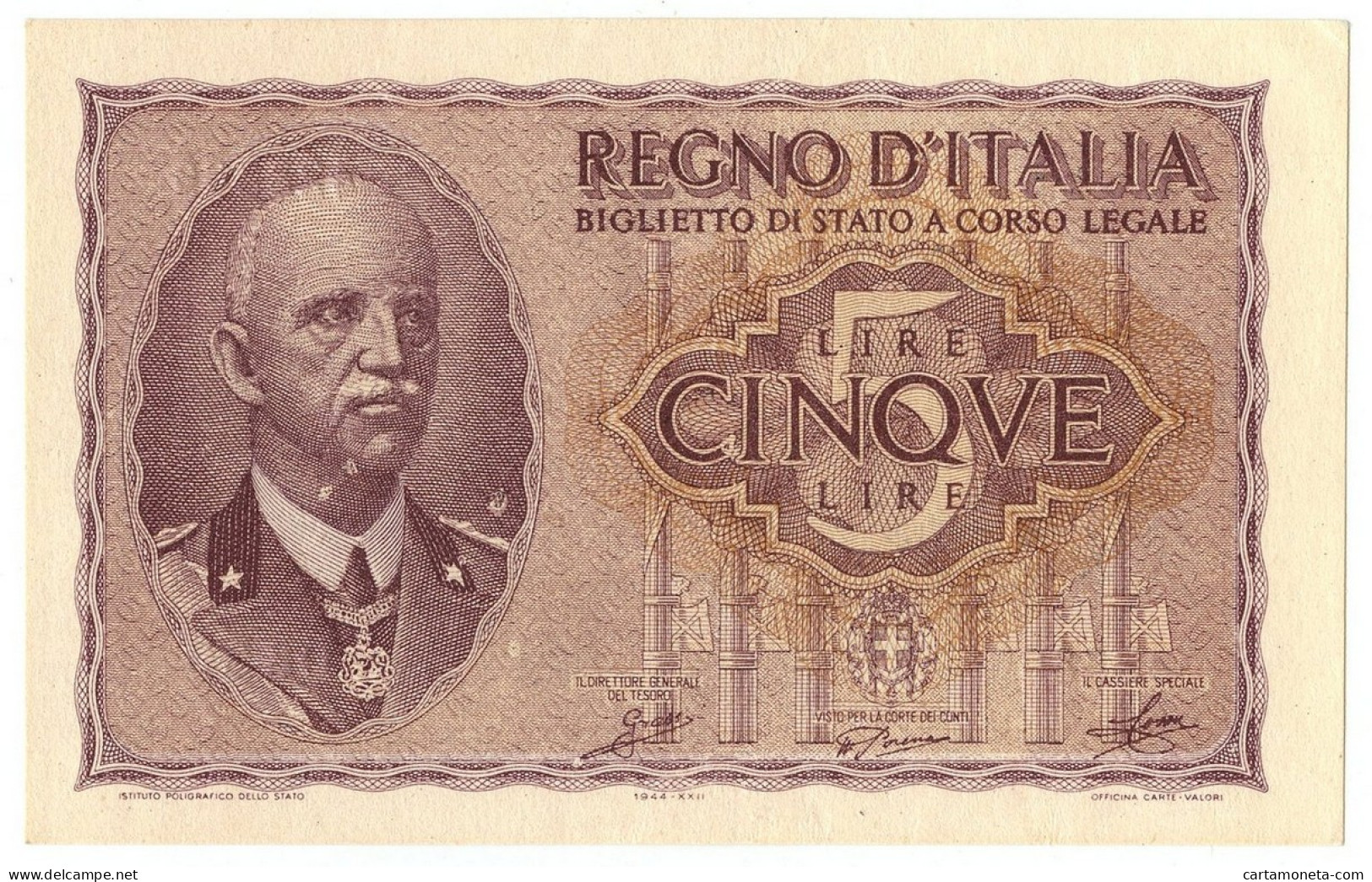 5 LIRE BIGLIETTO DI STATO VITTORIO EMANUELE III FASCIO 1944 XXII QFDS - Otros