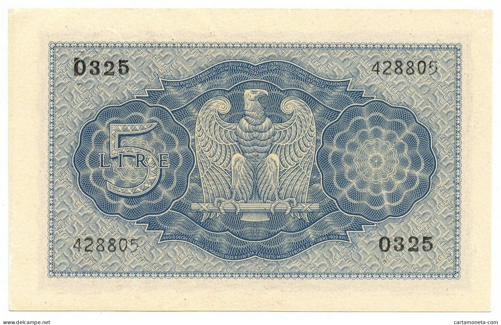 5 LIRE BIGLIETTO DI STATO VITTORIO EMANUELE III FASCIO 1944 XXII QFDS - Regno D'Italia – Other