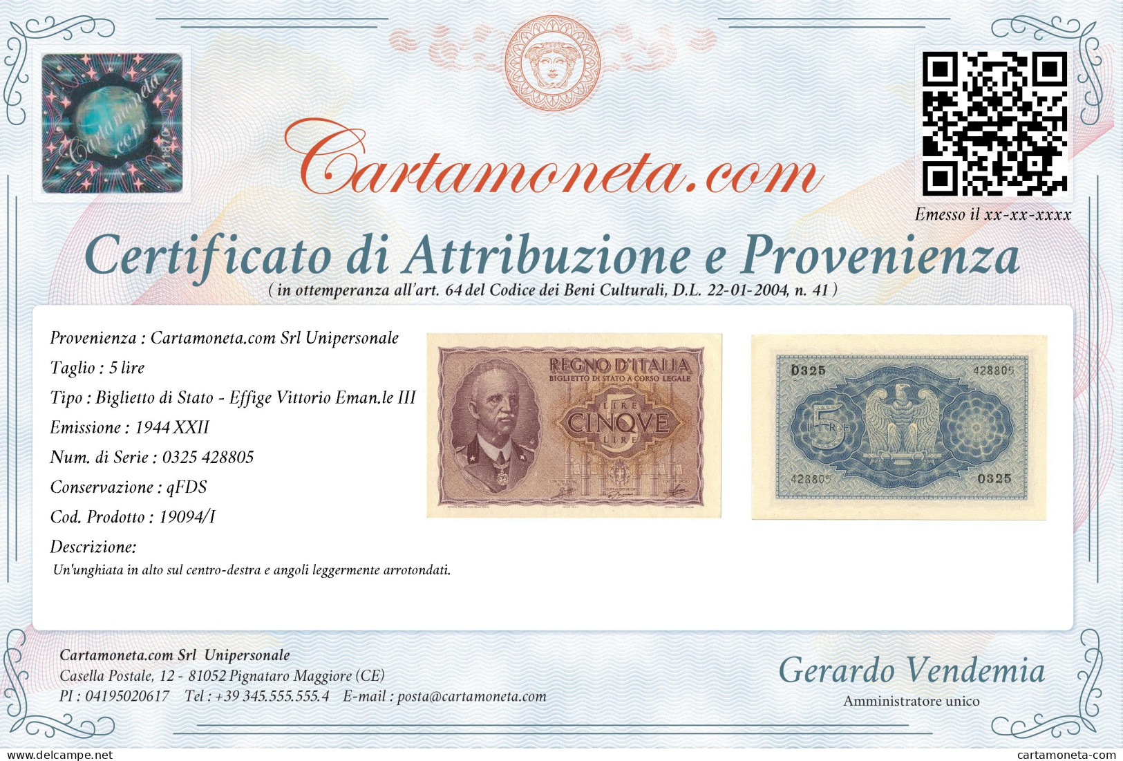 5 LIRE BIGLIETTO DI STATO VITTORIO EMANUELE III FASCIO 1944 XXII QFDS - Otros