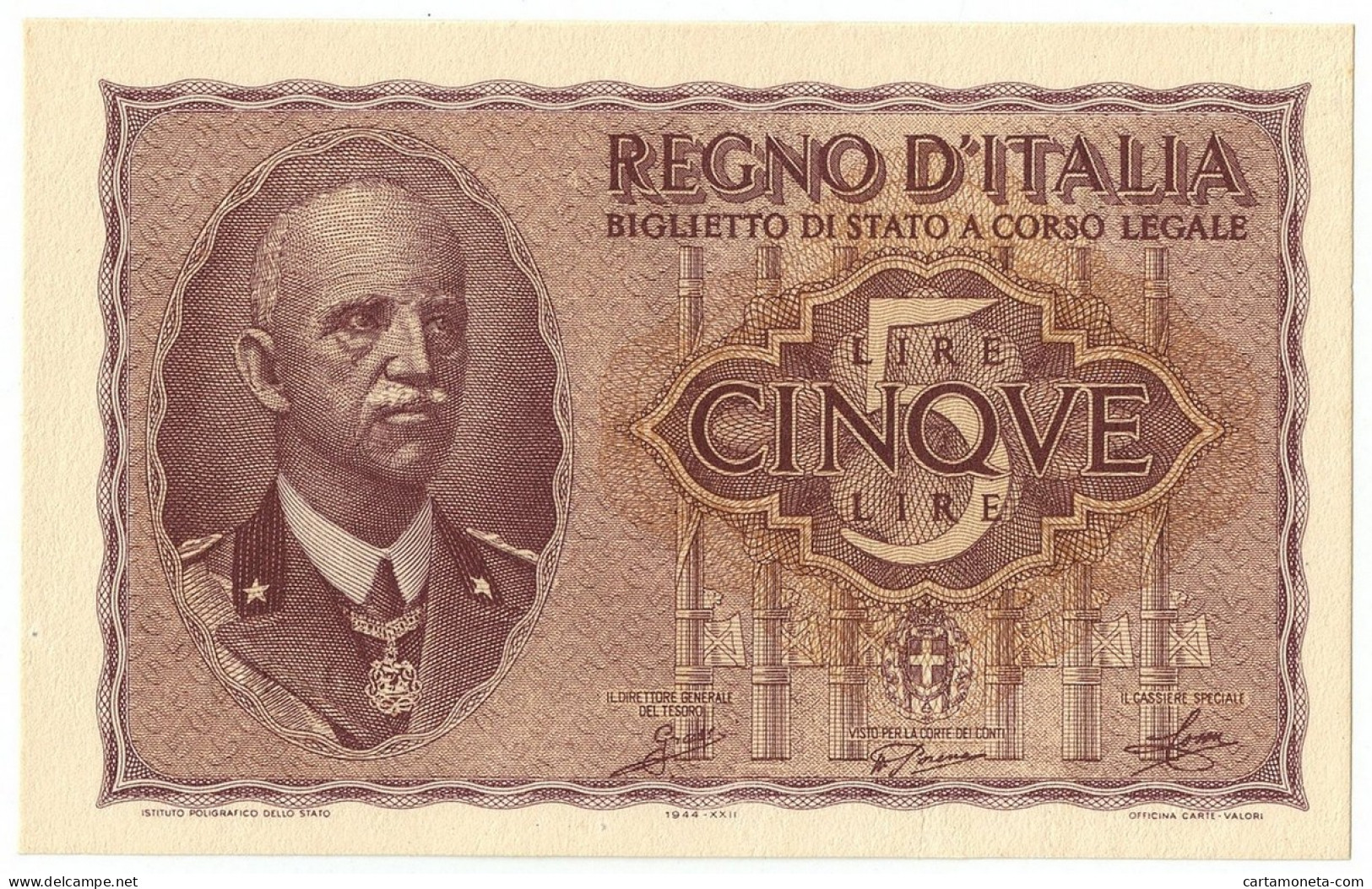 5 LIRE BIGLIETTO DI STATO VITTORIO EMANUELE III FASCIO 1944 XXII QFDS - Regno D'Italia – Other