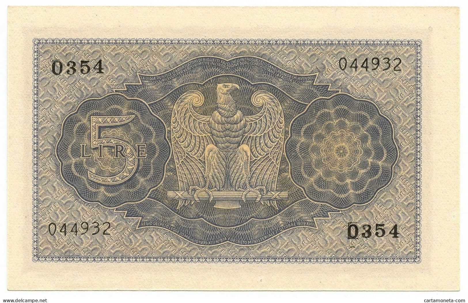 5 LIRE BIGLIETTO DI STATO VITTORIO EMANUELE III FASCIO 1944 XXII QFDS - Regno D'Italia – Autres