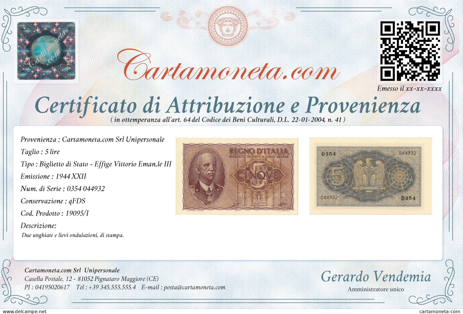 5 LIRE BIGLIETTO DI STATO VITTORIO EMANUELE III FASCIO 1944 XXII QFDS - Regno D'Italia – Other