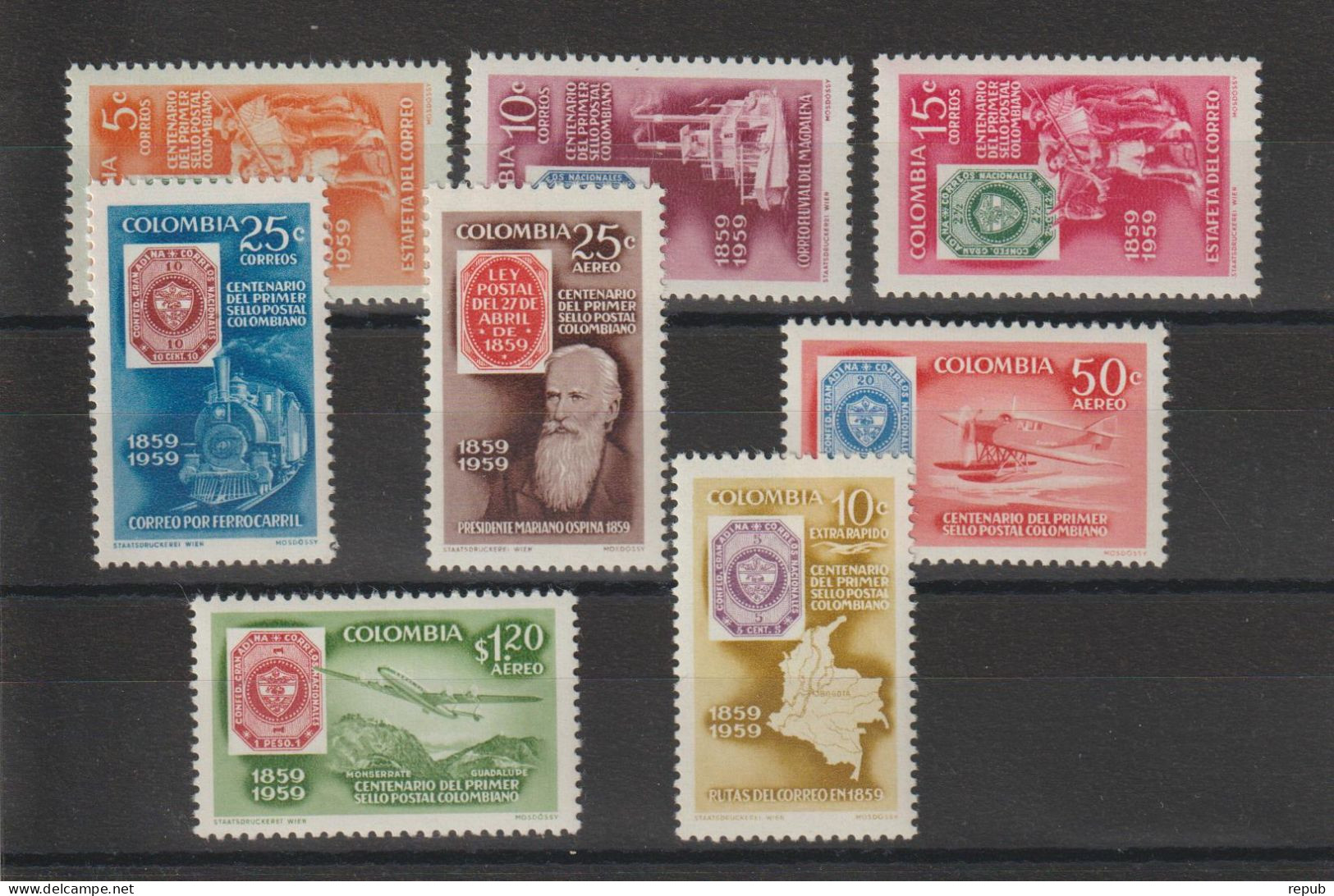 Colombie 1959 Centenaire Du Timbre 572-5 Et PA 341-44, 8 Val ** MNH - Colombie