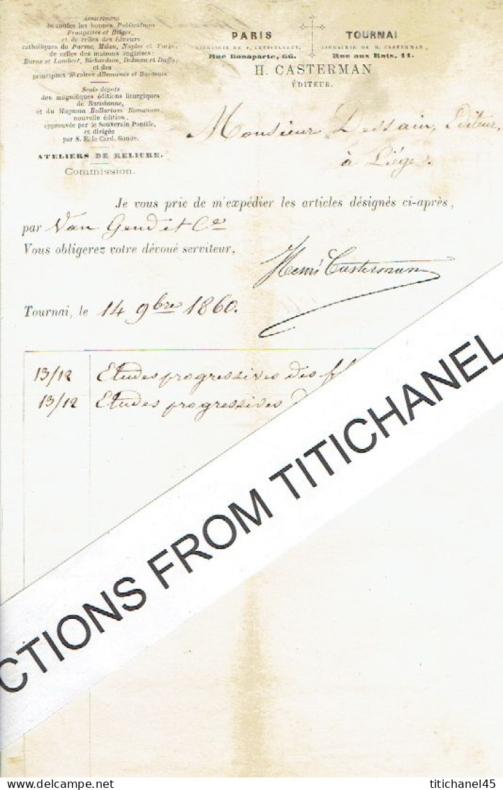 Brief  14/9/1860 TOURNAI - H. CASTERMAN - Editeur - Librairie  Signé Henri CASTERMAN - 1800 – 1899