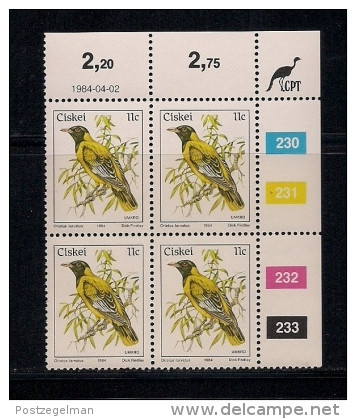CISKEI, 1984, MNH Control Block Stamps, Definitive 11 Cent Bird, M 56 - Ciskei