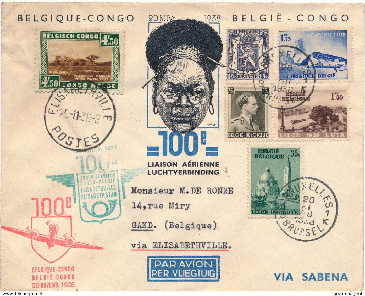 100e LIASON ARIENNE BELGIQUE - CONGO 15-11-38  VIA SABENA      2 SCANS - Briefe U. Dokumente