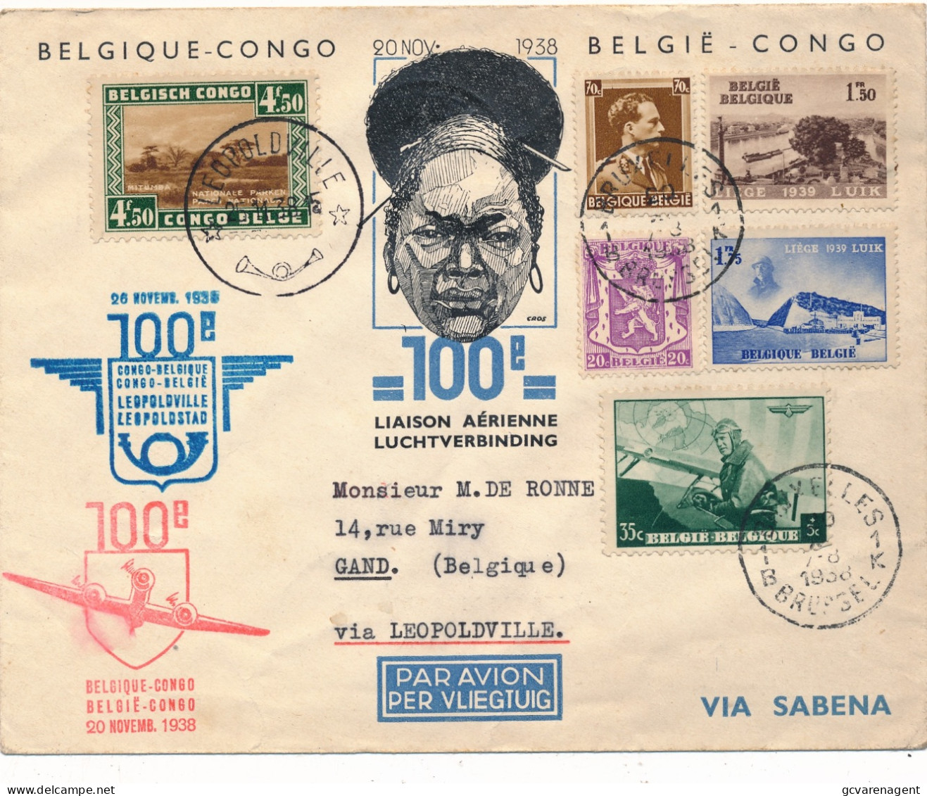 100e LIASON ARIENNE BELGIQUE - CONGO 15-11-38  VIA SABENA      2 SCANS - Covers & Documents