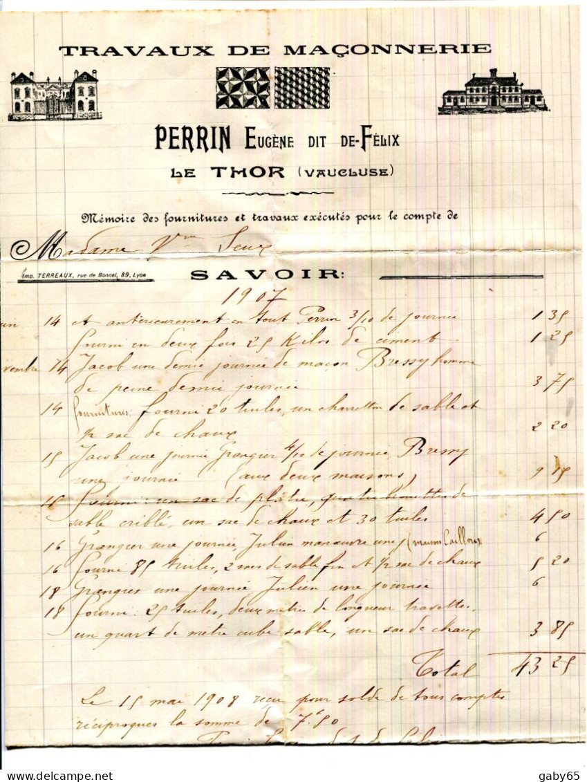 FACTURE.84.LE THOR.TRAVAUX DE MAÇONNERIE.PERRIN EUGENE DIT DE-FELIX. - Old Professions