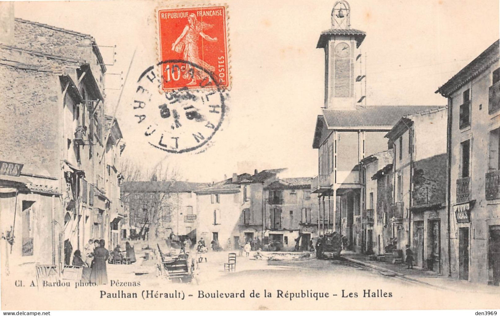 PAULHAN (Hérault) - Boulevard De La République - Les Halles - Voyagé 1911 (2 Scans) - Paulhan