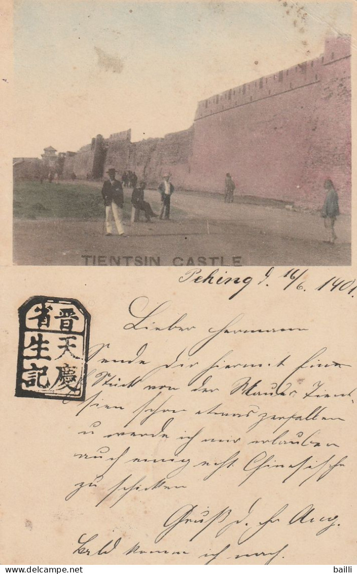 Chine Cachets Chinois Et Allemand Sur Carte Postale Tientsin 1901 - Briefe U. Dokumente