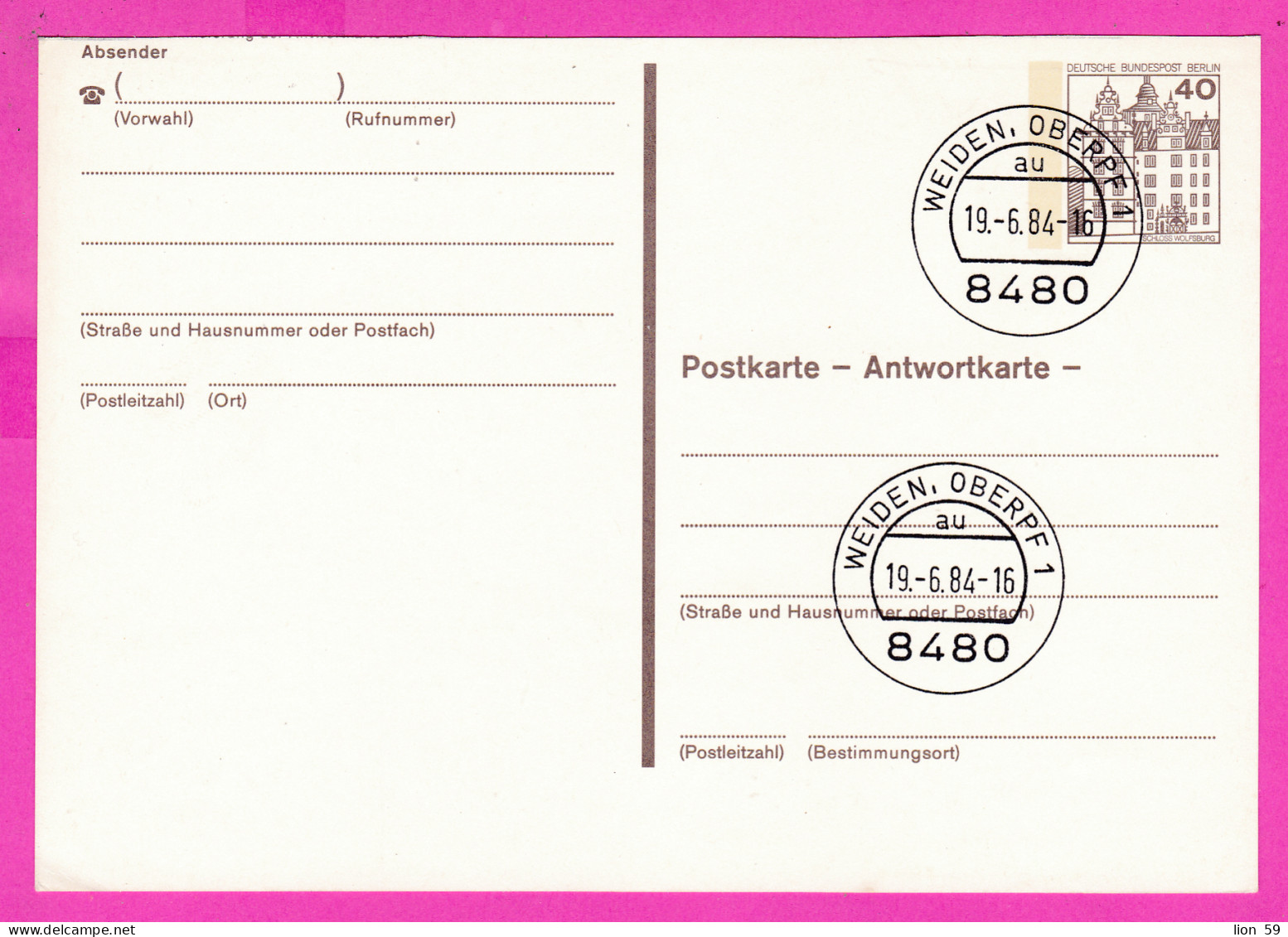 295765 / Germany BRD Berlin Antwortkarte 1984 - 40 Pf. (Schloss Wolfsburg) Weiden , Obepf 1 - 8480 , Ganzsachen Card PSC - Postkarten - Gebraucht